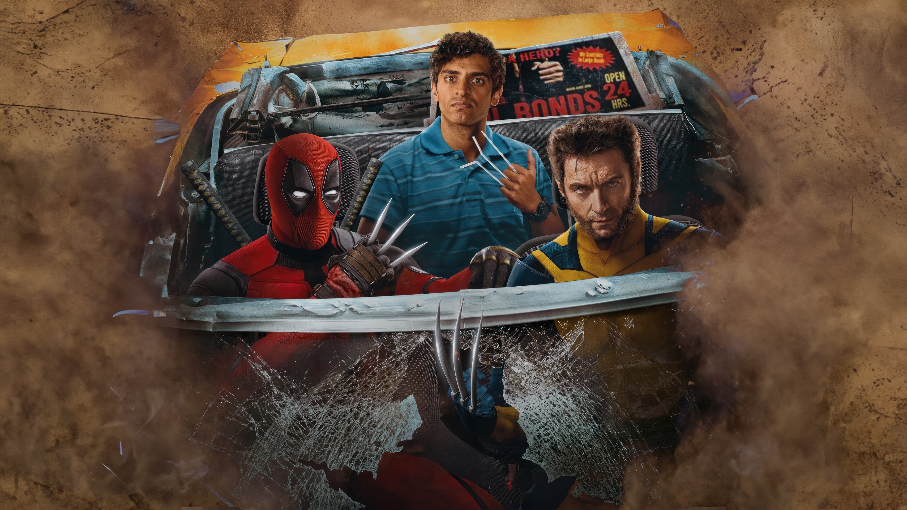 Deadpool and Wolverine in a car HD Wallpaper
