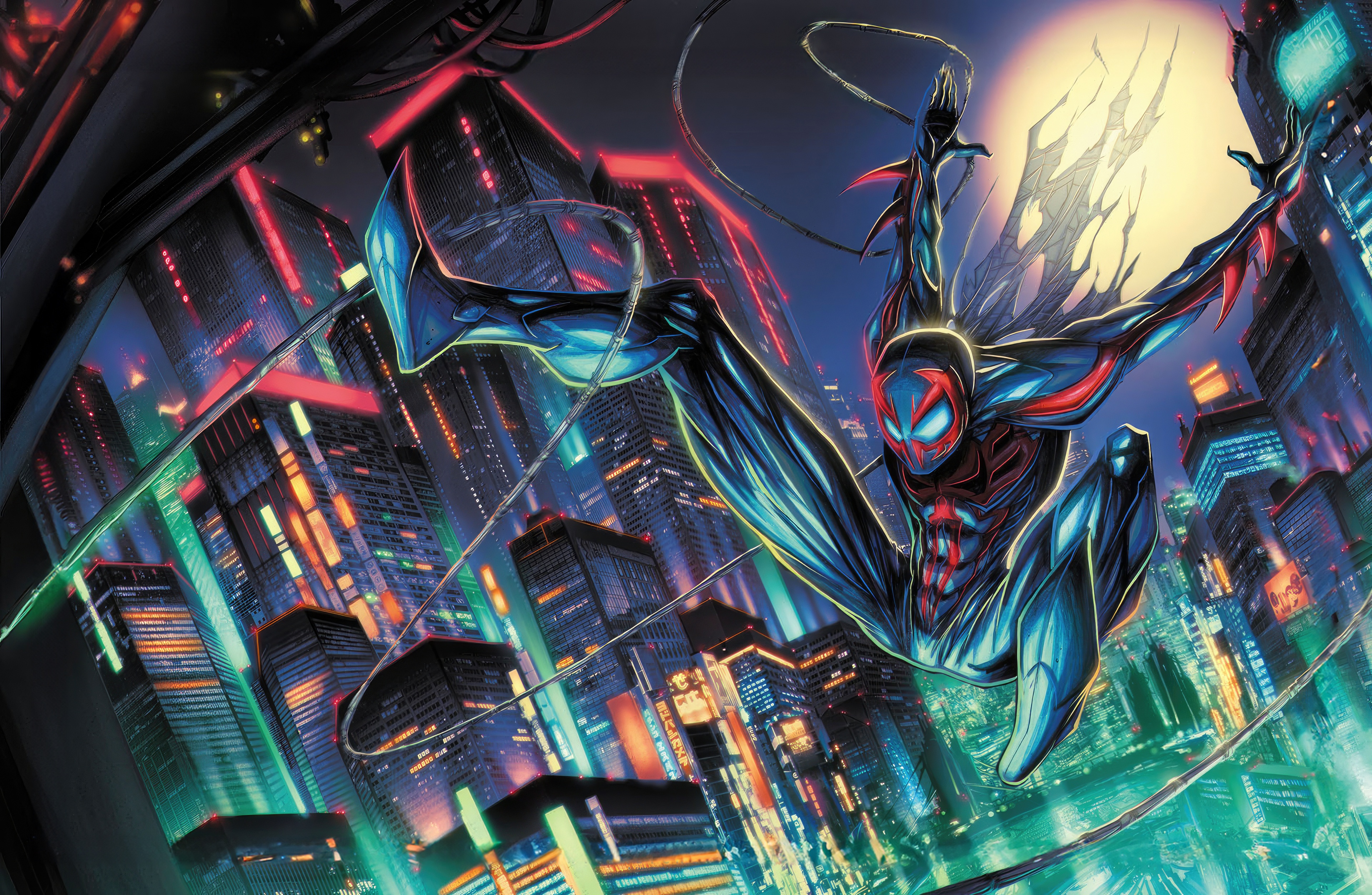 Spider-Man 2099 swings through a futuristic city HD Wallpaper