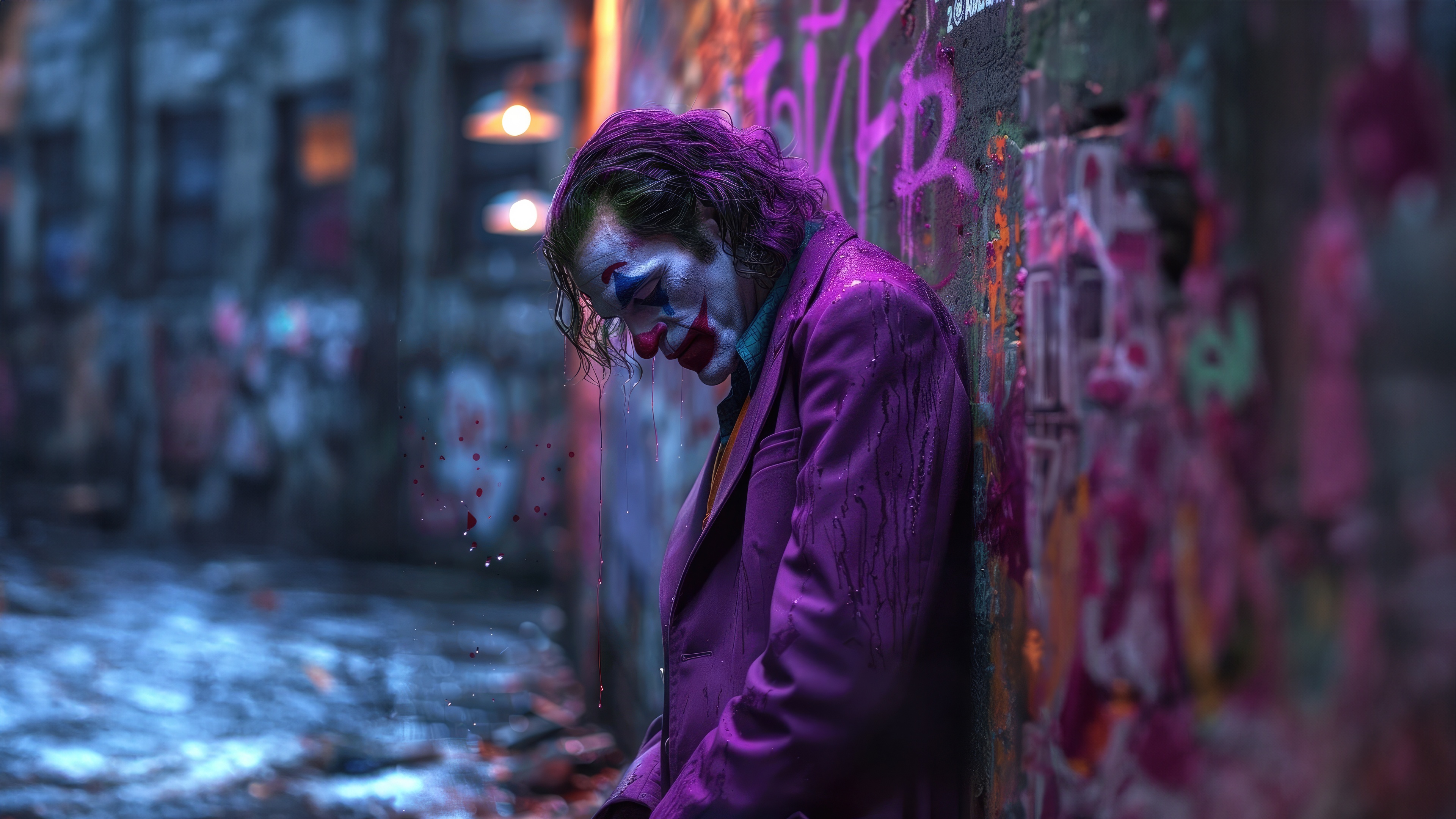 Joker leaning against a graffiti-covered wall HD Wallpaper