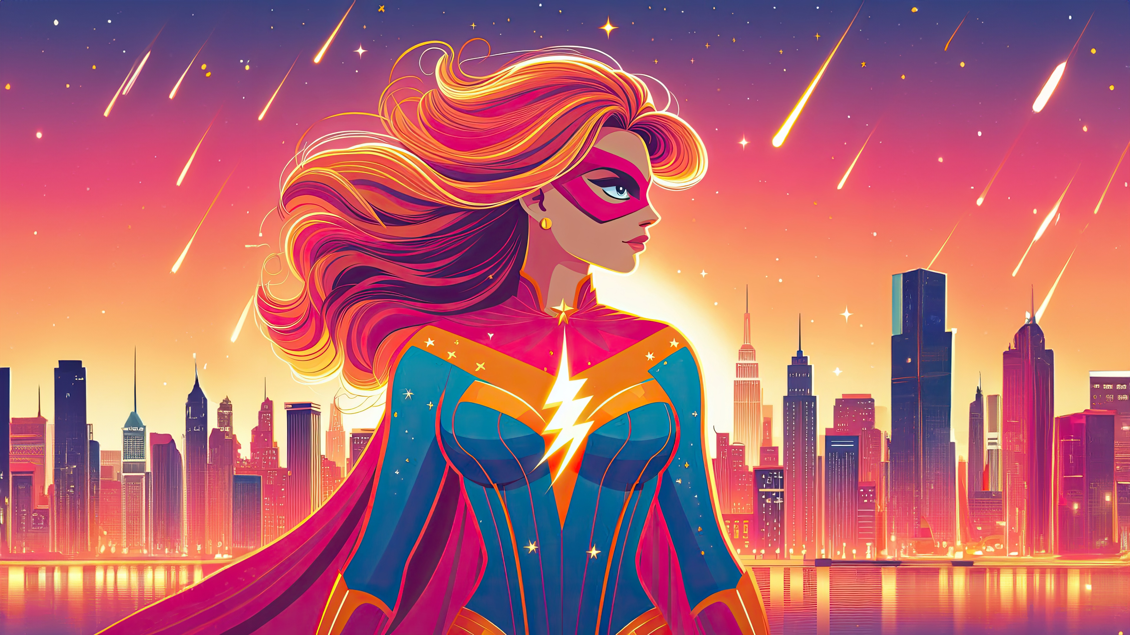 Captain Marvel in a vibrant cityscape with shooting stars HD Wallpaper