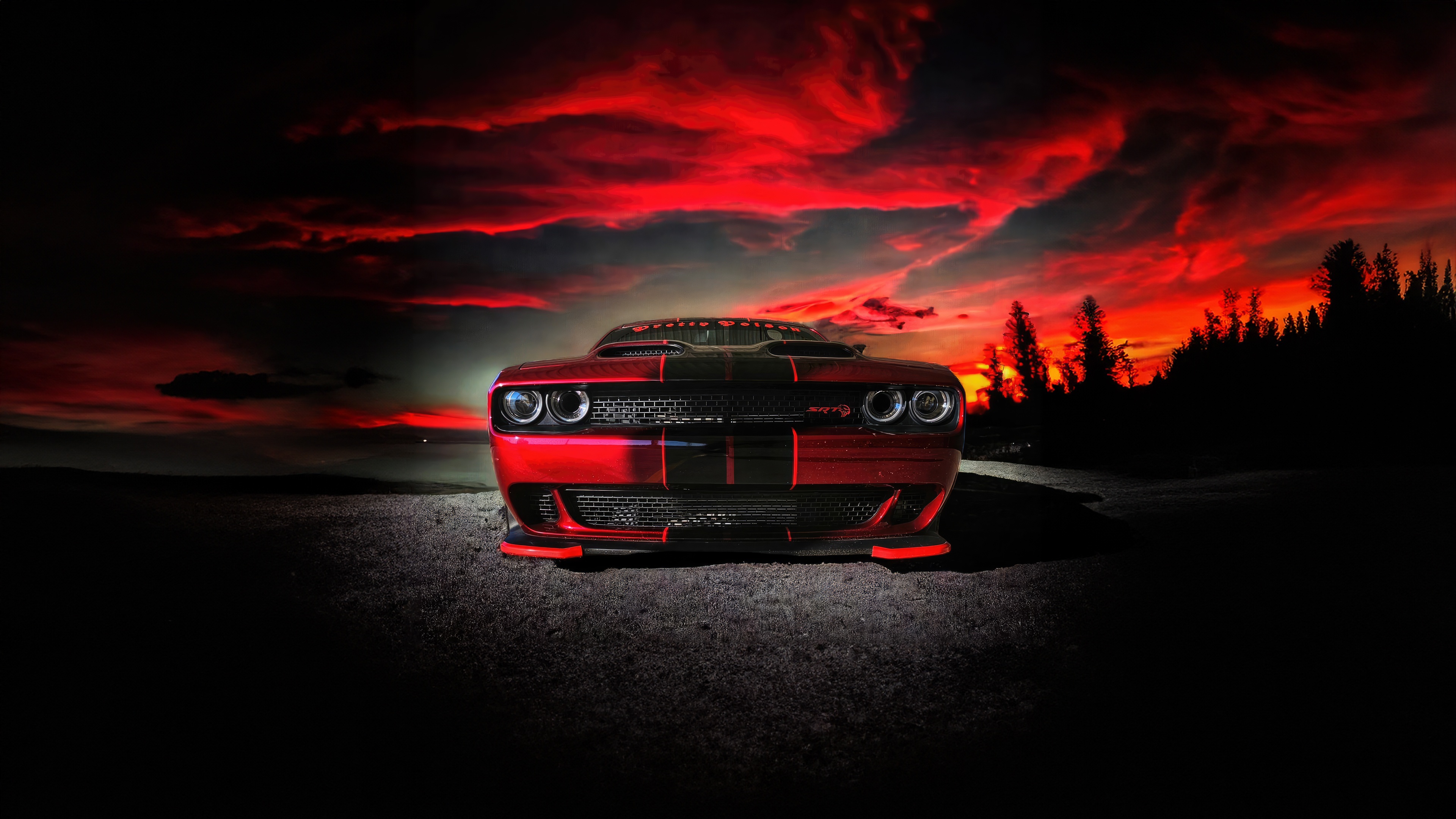 Red Dodge Challenger SRT Hellcat at Sunset HD Wallpaper
