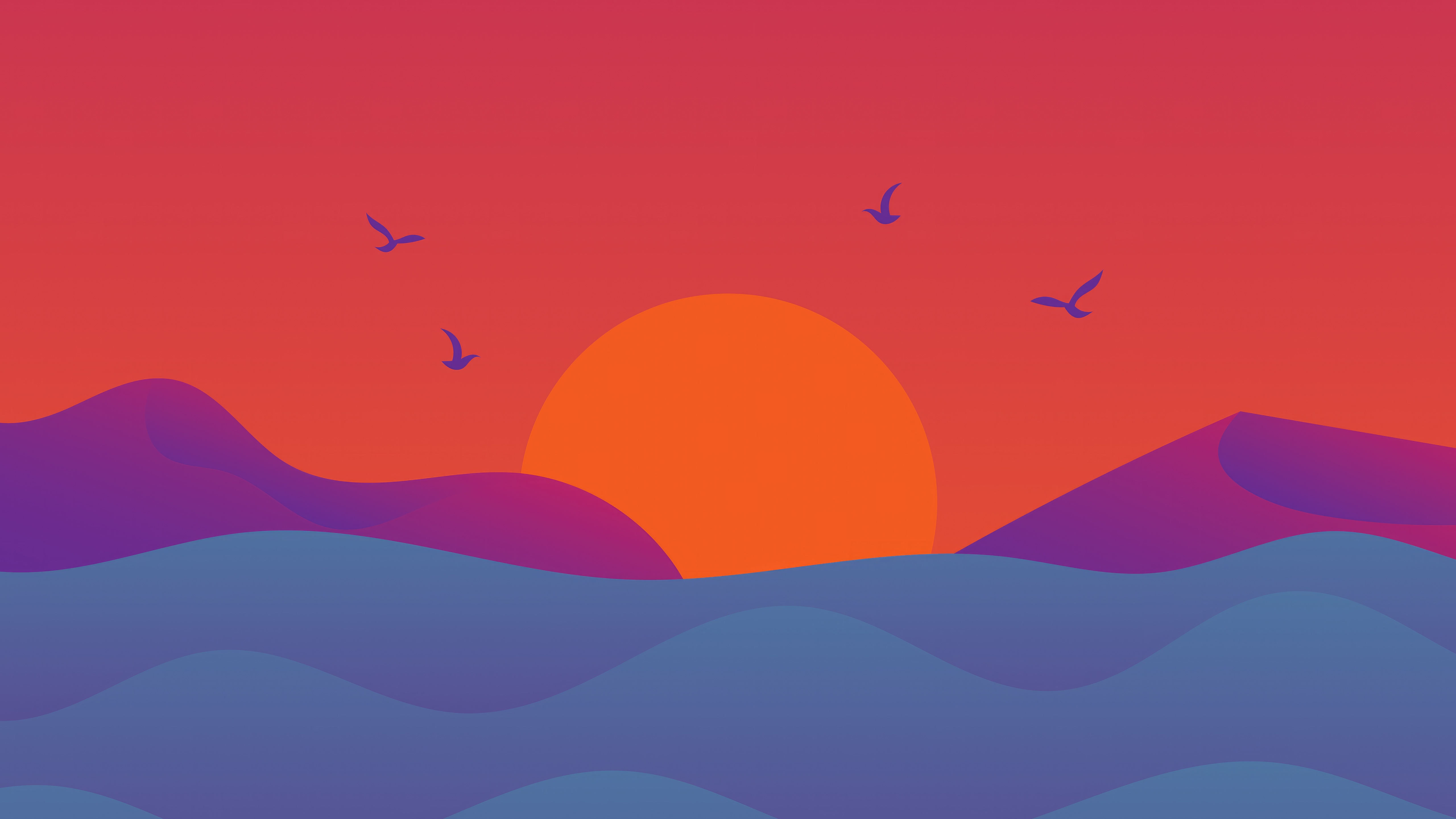 Minimalist sunset over rolling hills and water with birds HD Wallpaper