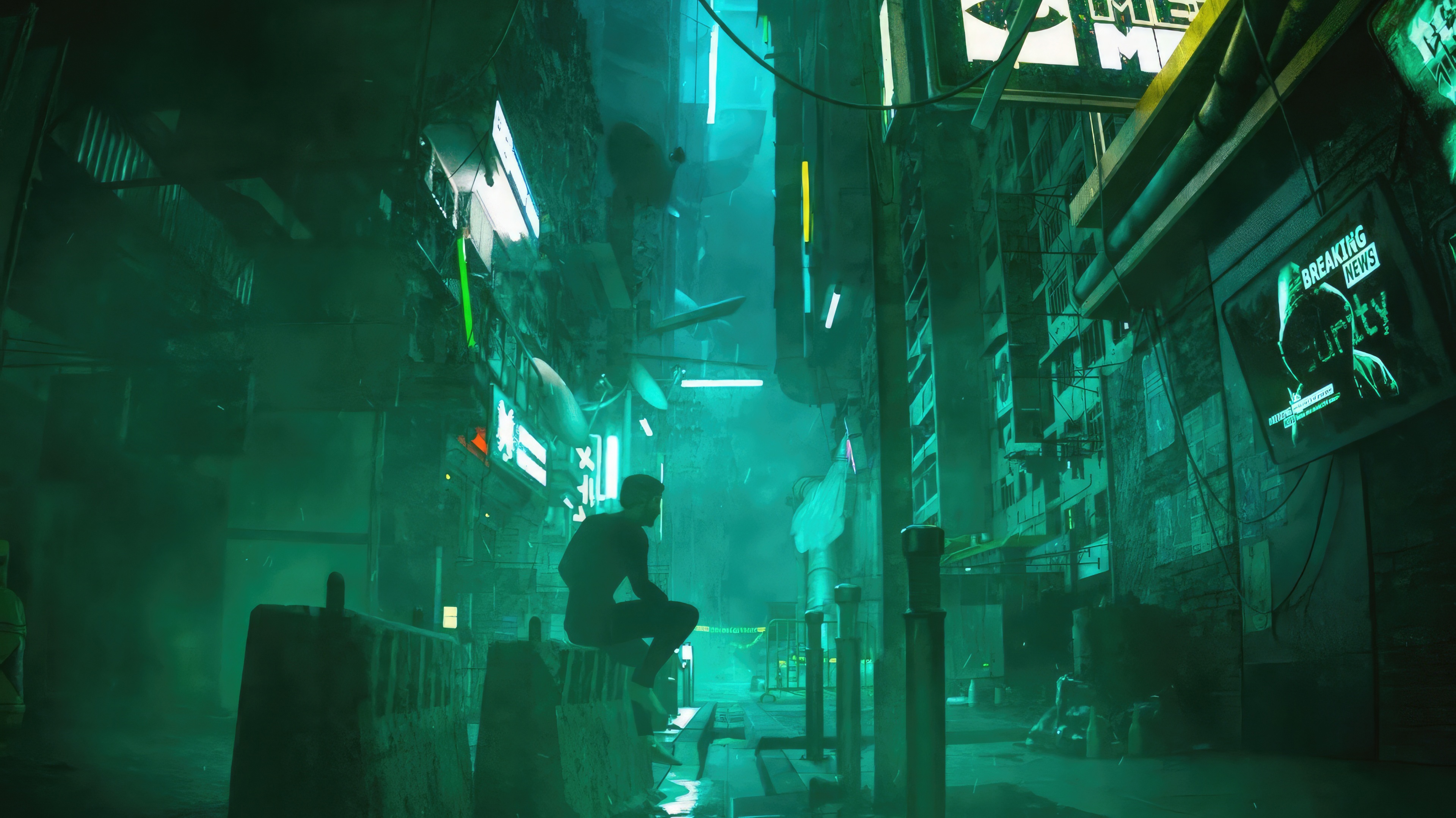 Man sitting in a neon-lit cyberpunk alley HD Wallpaper