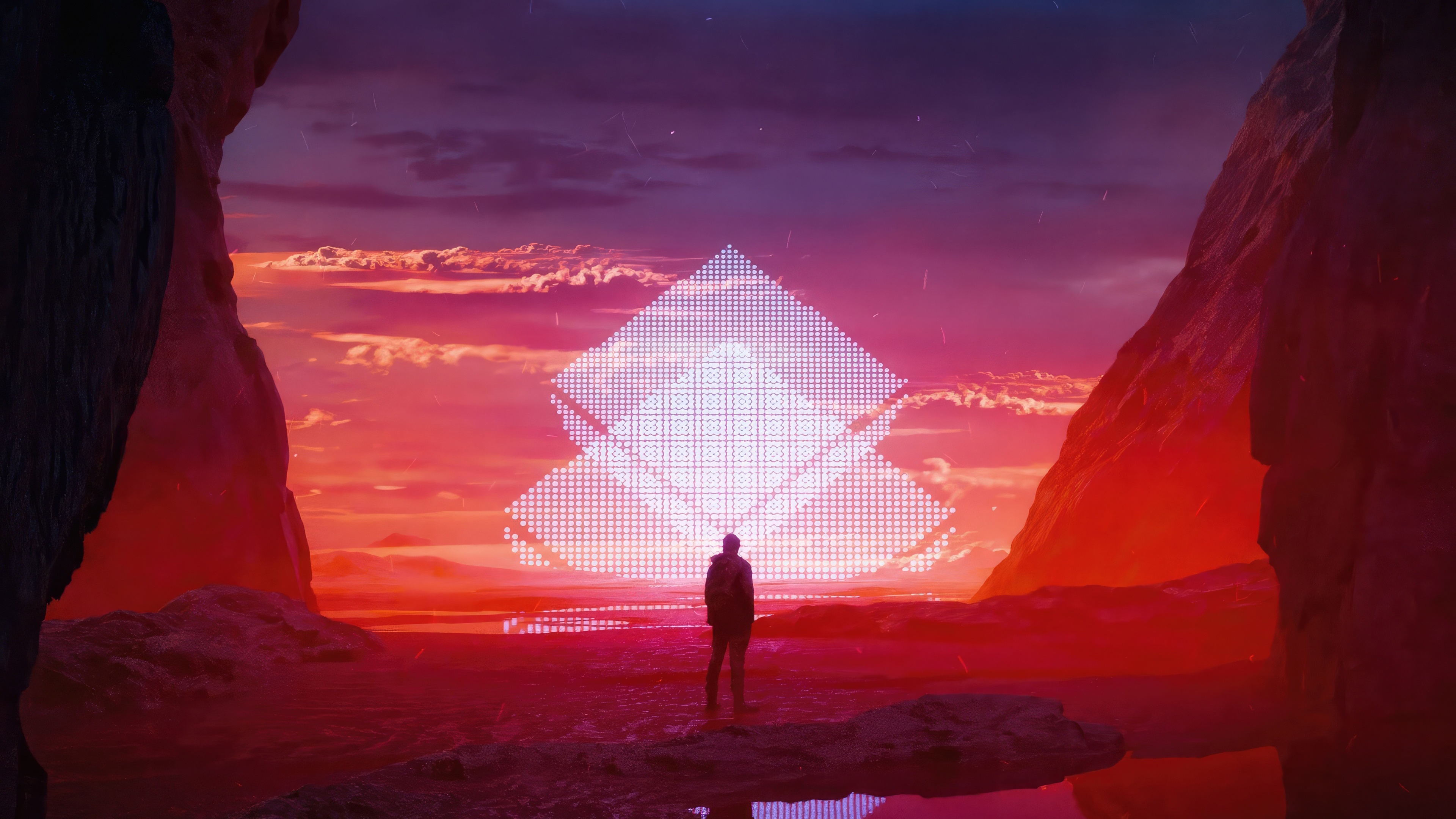 A lone figure gazes at a glowing geometric structure HD Wallpaper