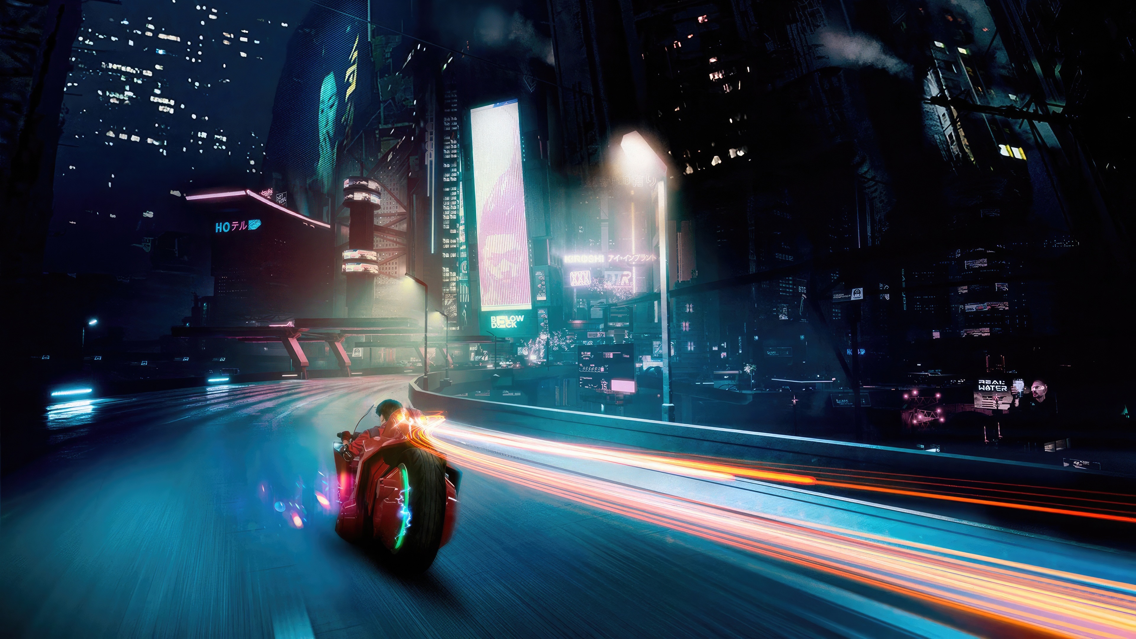 Kaneda's motorcycle speeds through a futuristic city at night HD Wallpaper