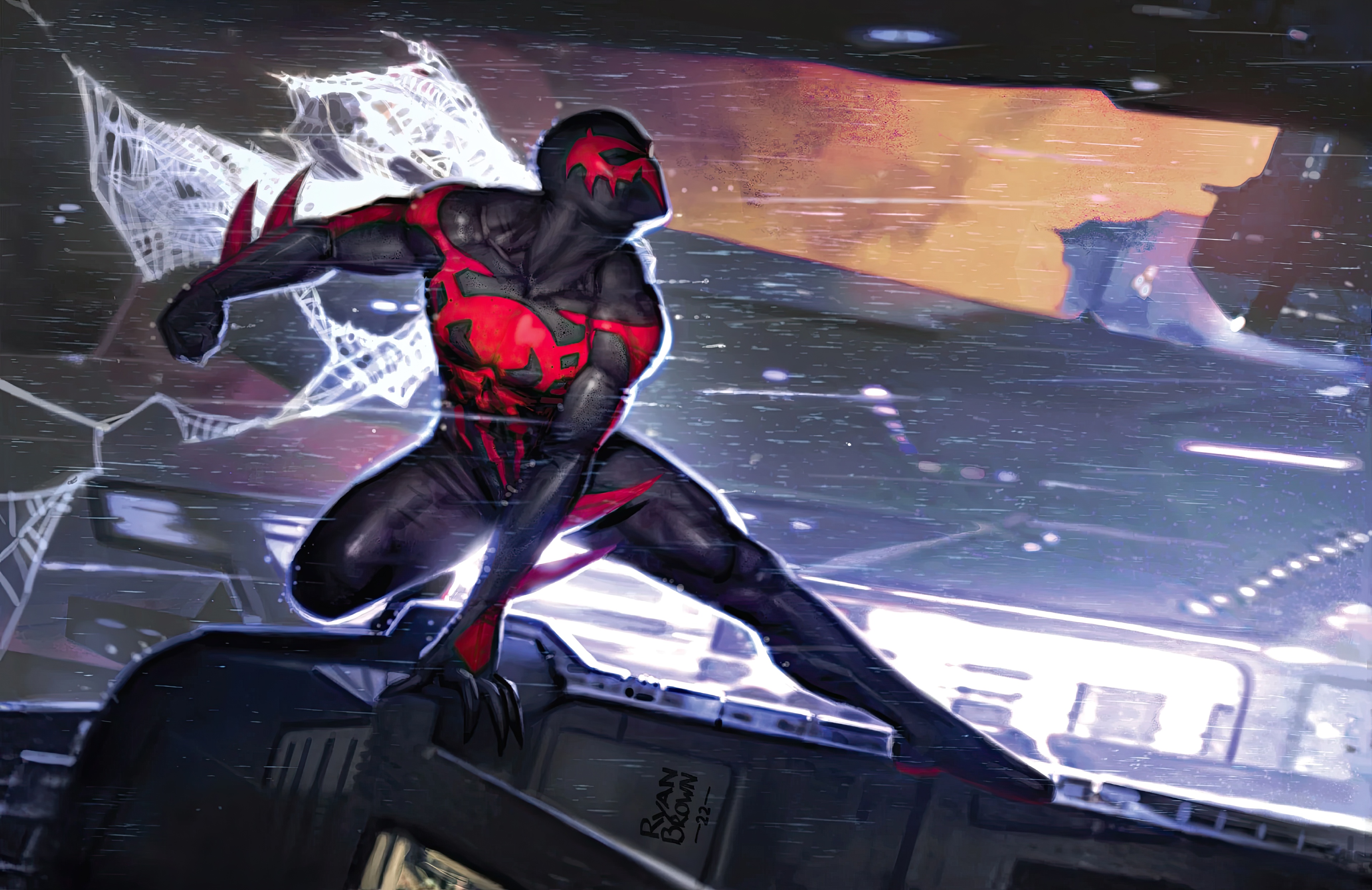 Spider-Man 2099 in a futuristic city HD Wallpaper