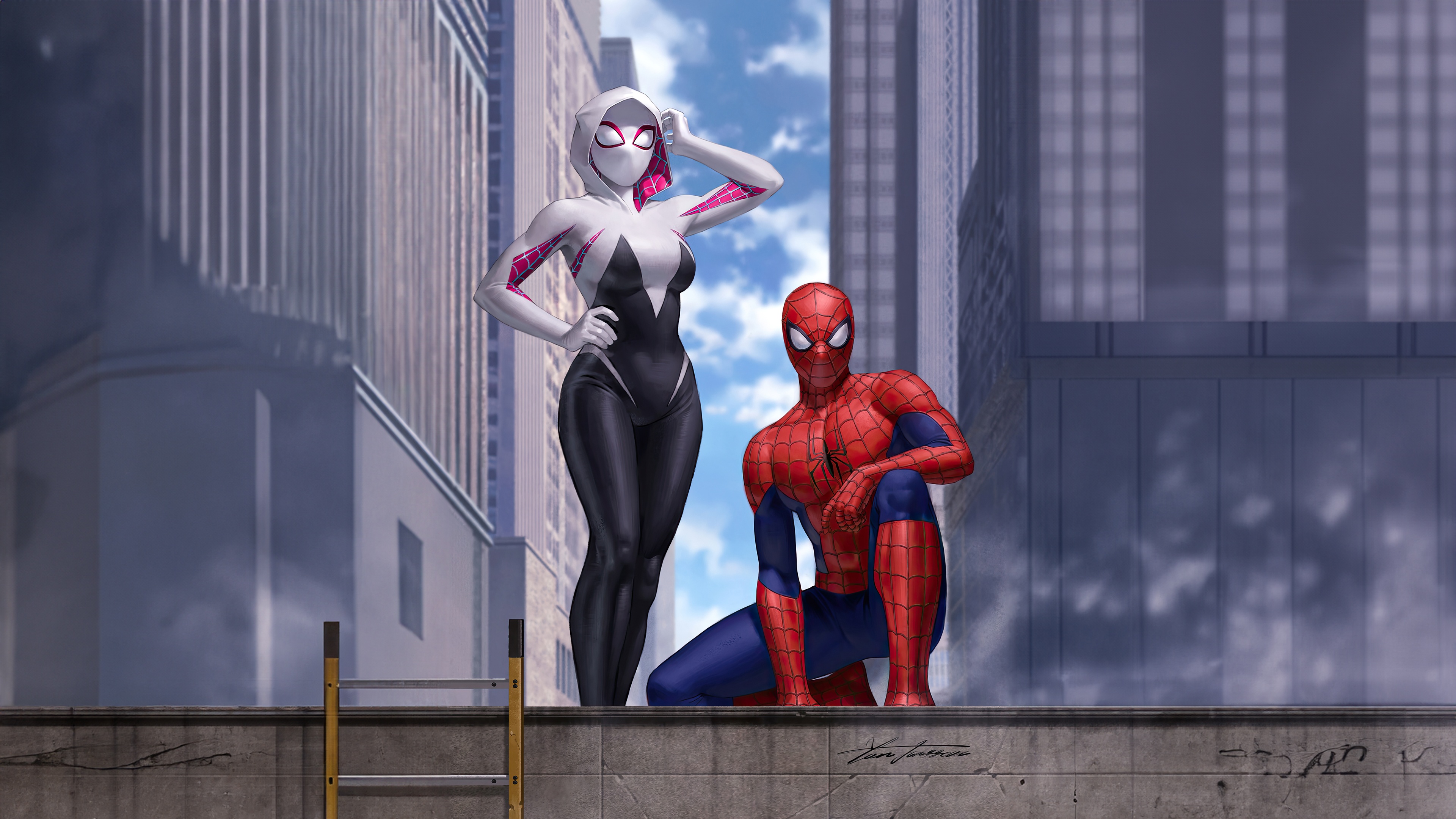 Spider-Man and Spider-Gwen on a Rooftop HD Wallpaper