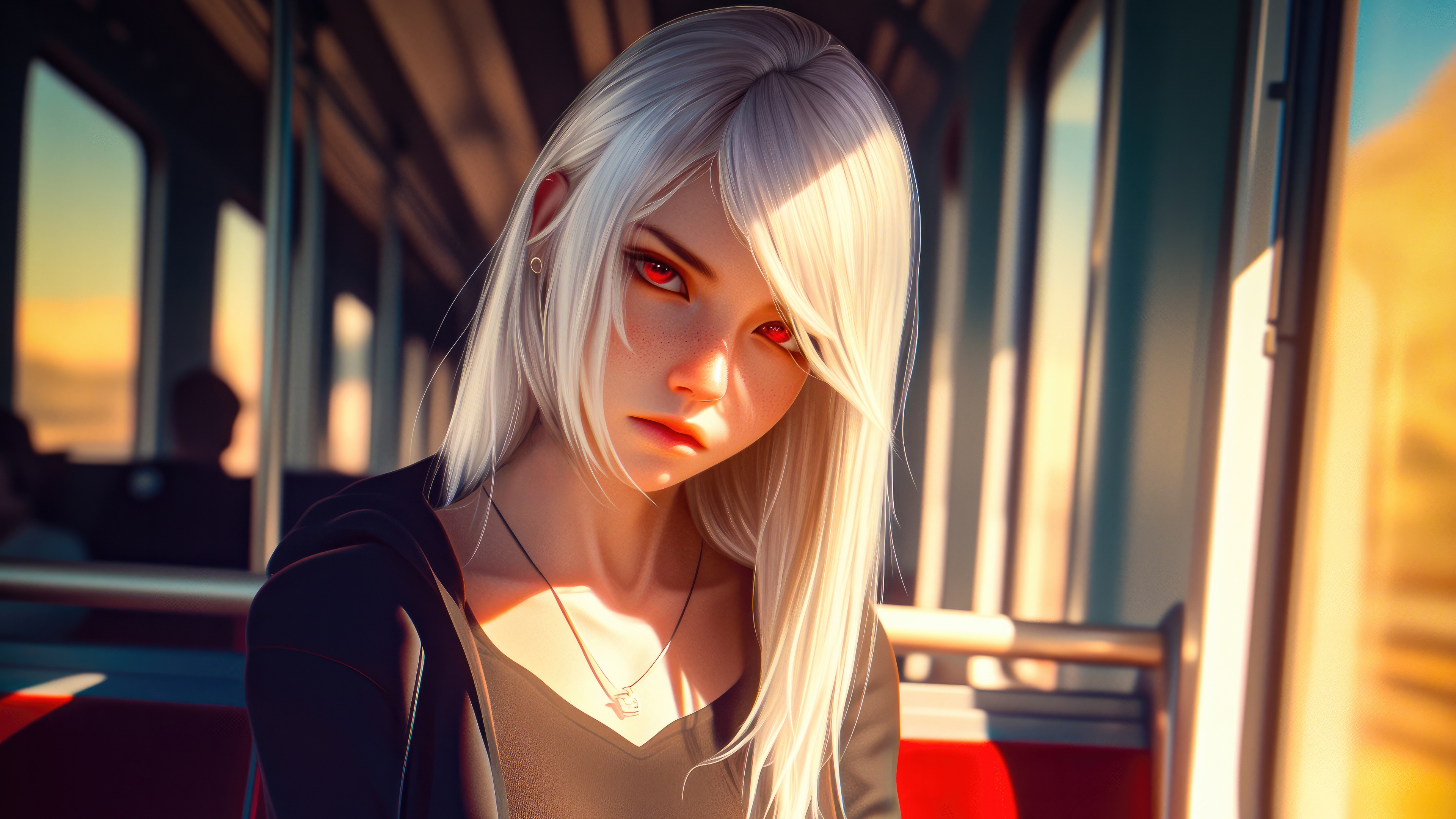 Anime girl with red eyes on a bus HD Wallpaper