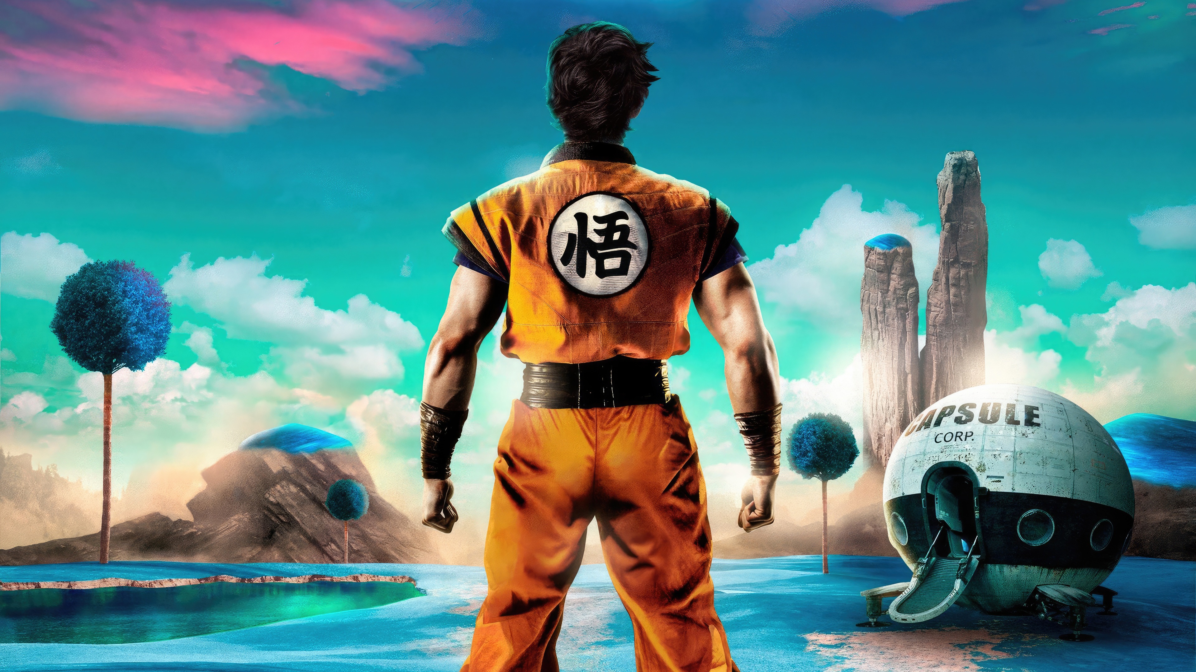 Goku in Dragon Ball Z landscape with Capsule Corp. HD Wallpaper