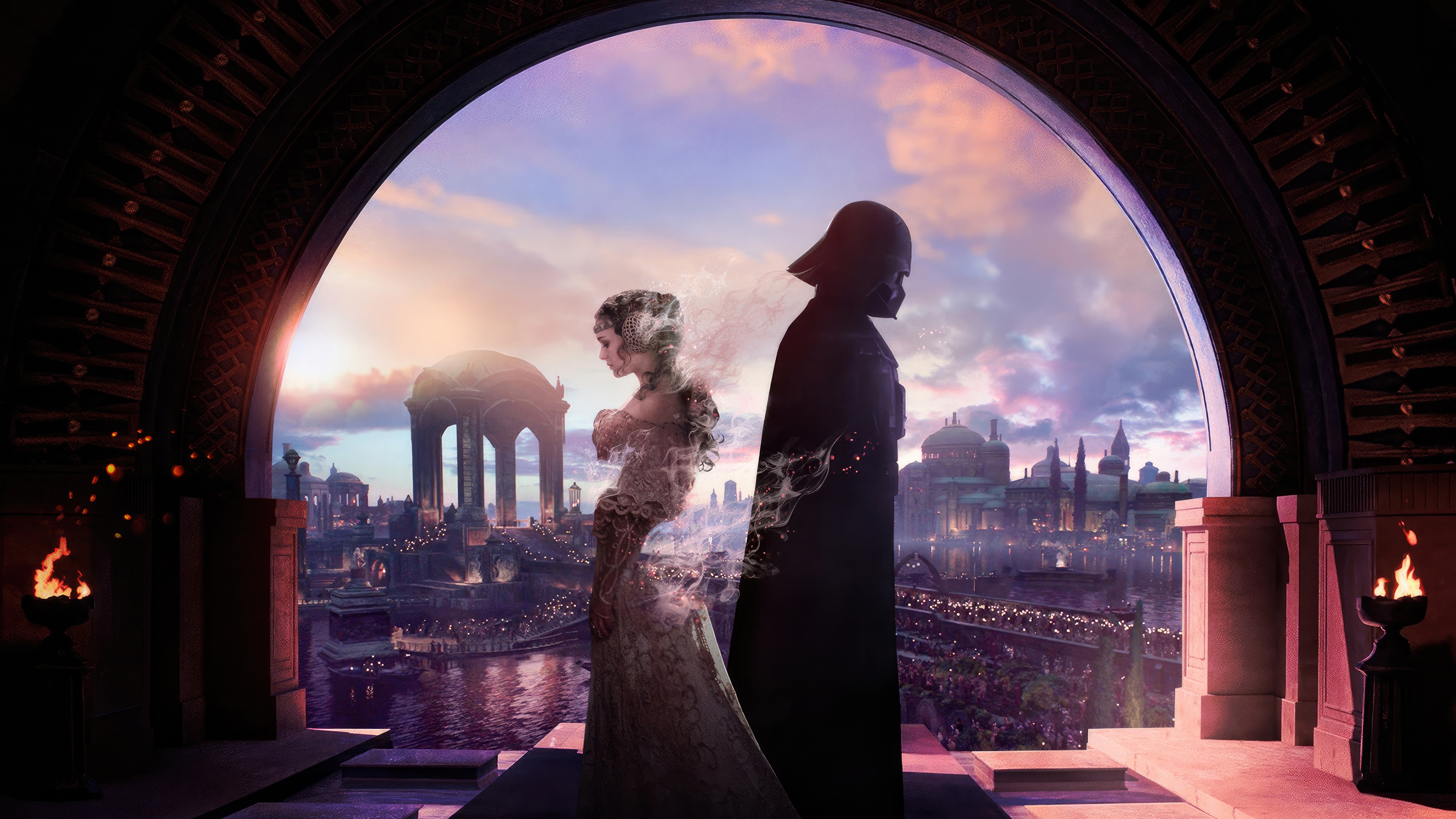 Padme Amidala and Darth Vader in a futuristic city HD Wallpaper