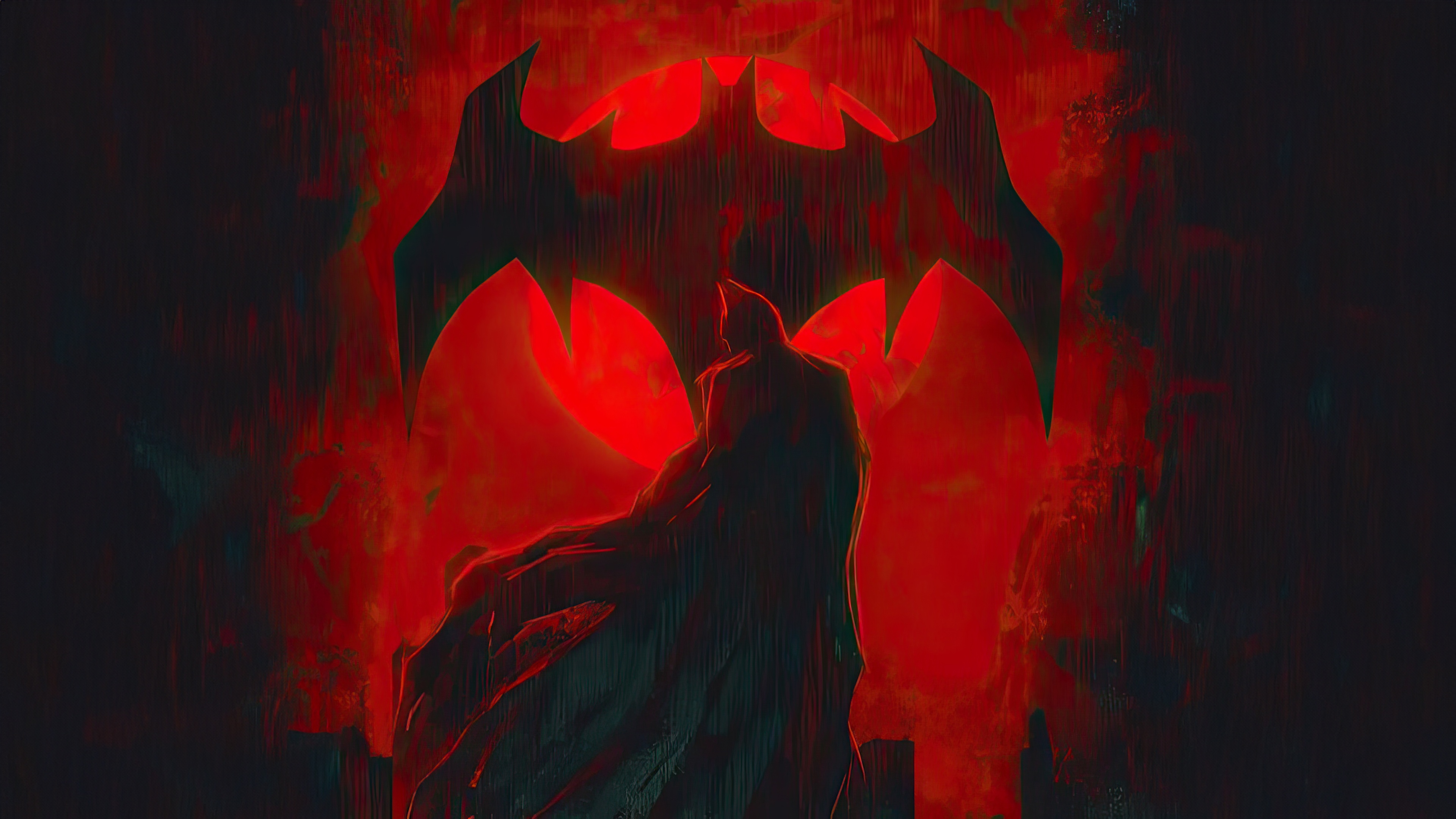 Batman in front of a red bat symbol HD Wallpaper