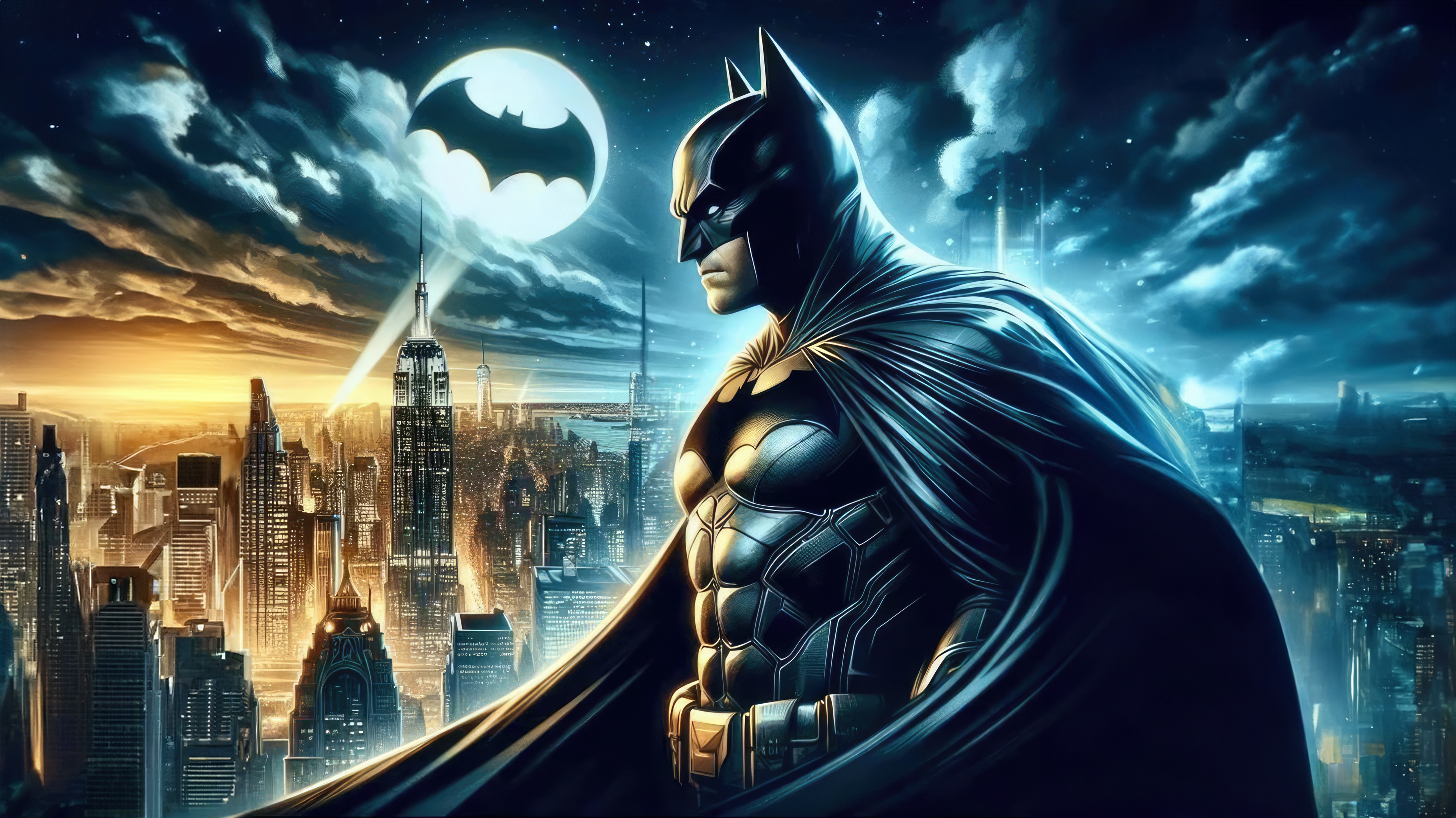 Batman and the Bat-Signal over a city skyline HD Wallpaper