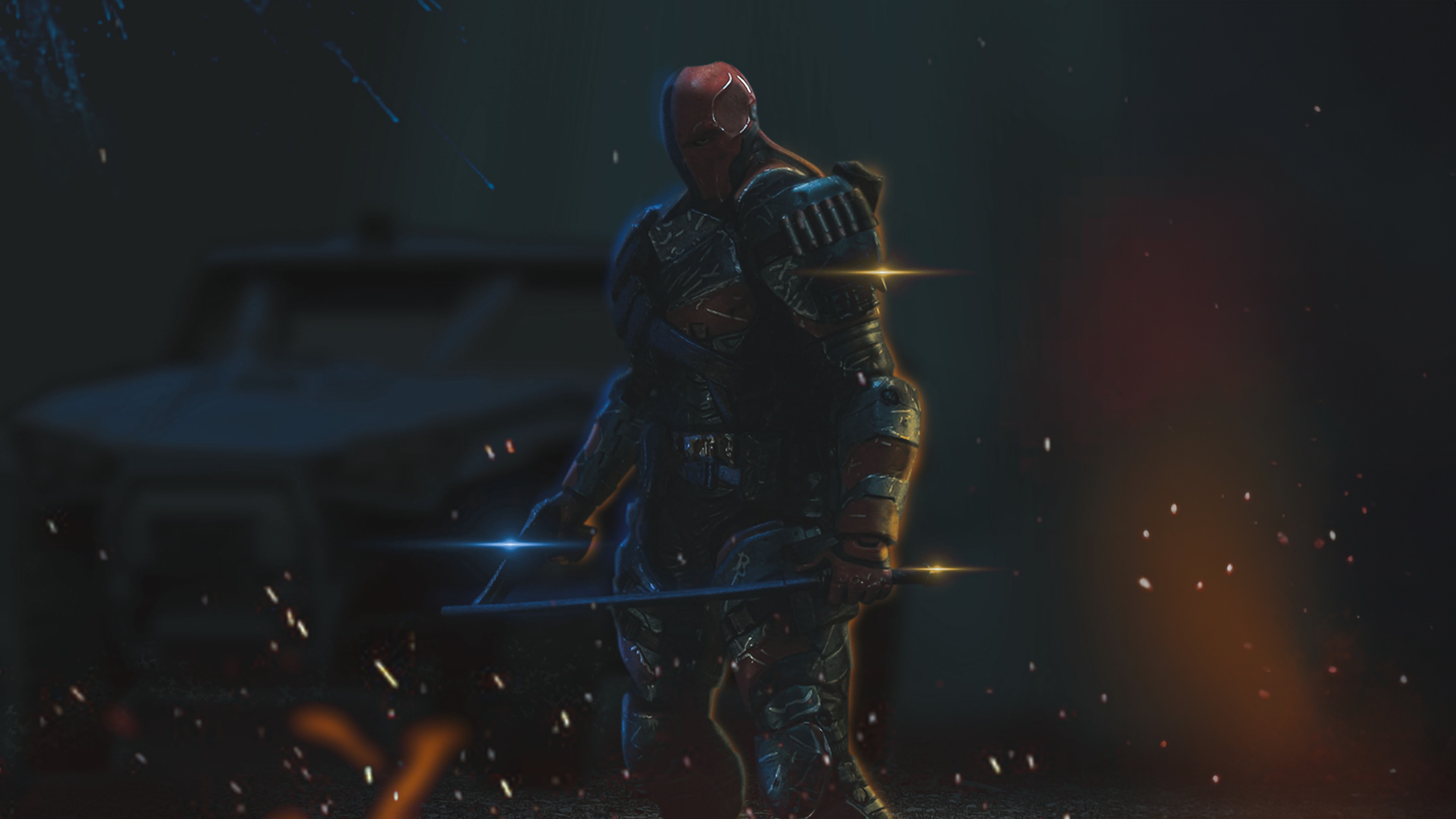 Deathstroke holding a sword in a dark environment HD Wallpaper