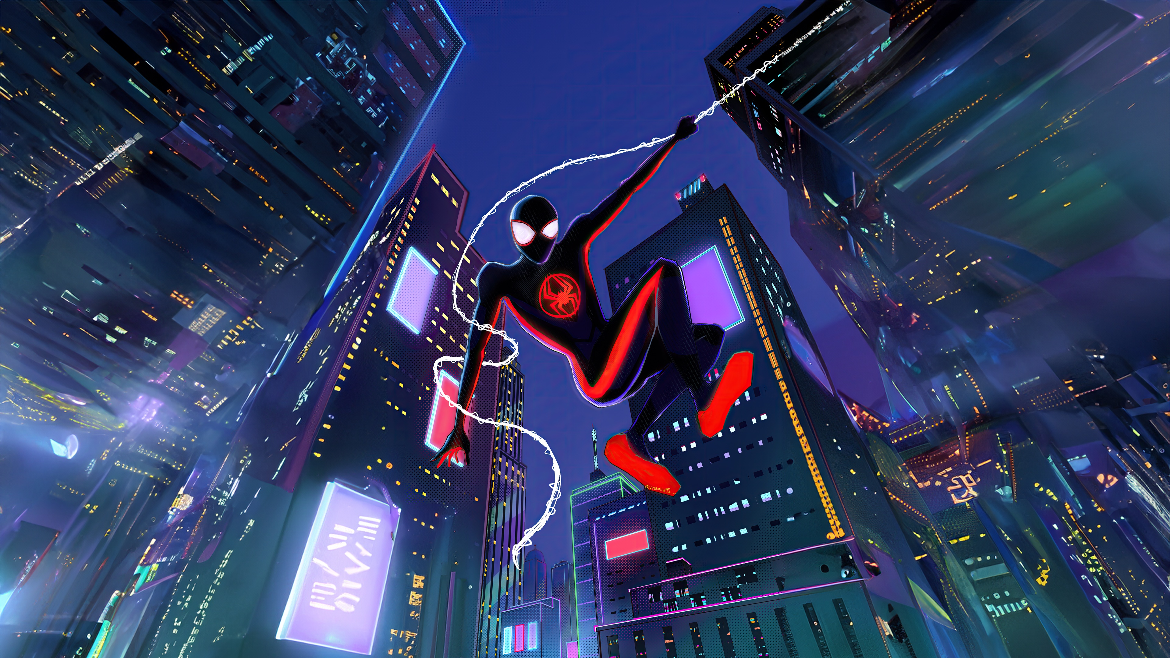 Miles Morales swings through a neon city HD Wallpaper