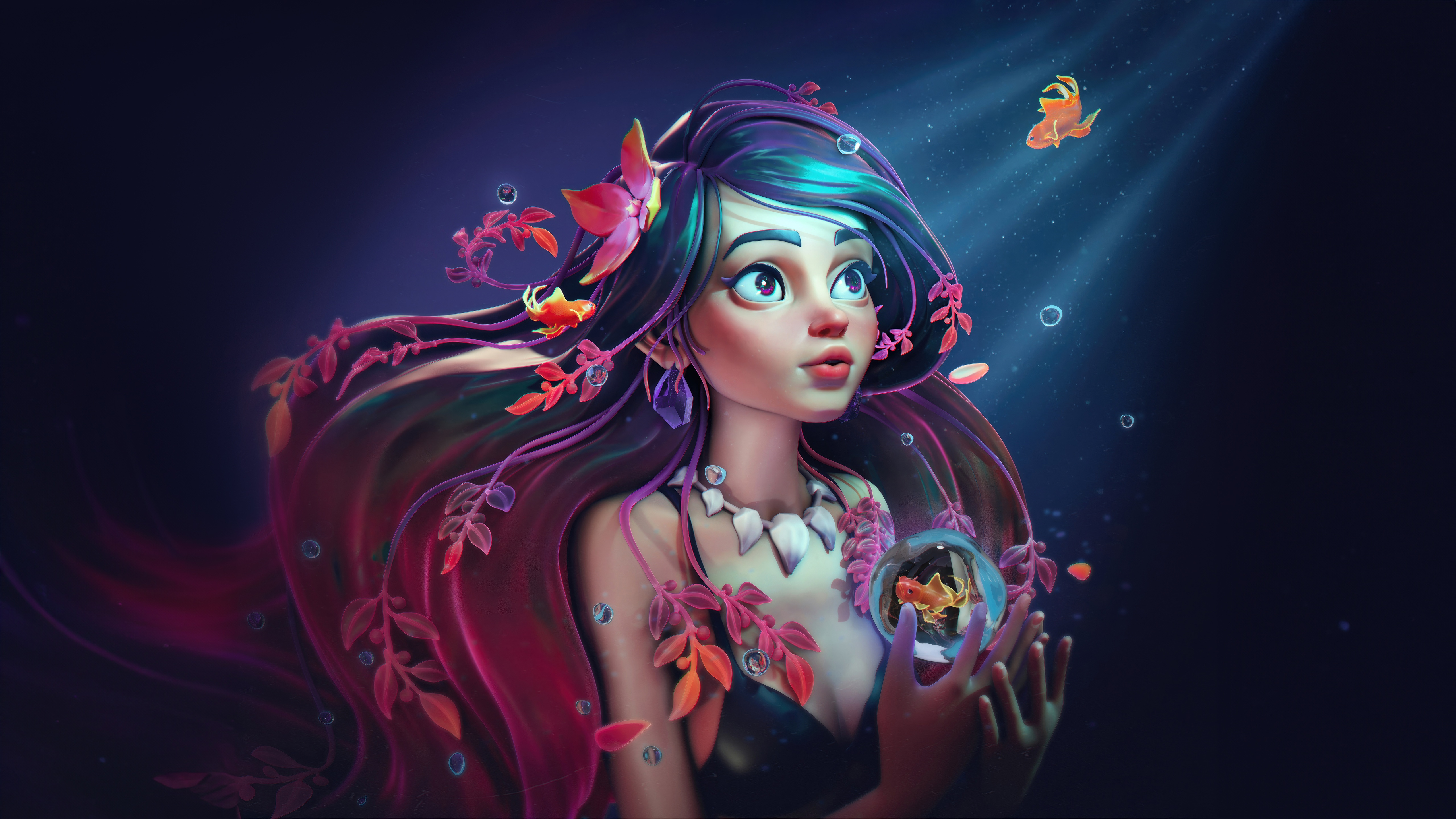 Mermaid Queen of the Fishes holding a fishbowl HD Wallpaper