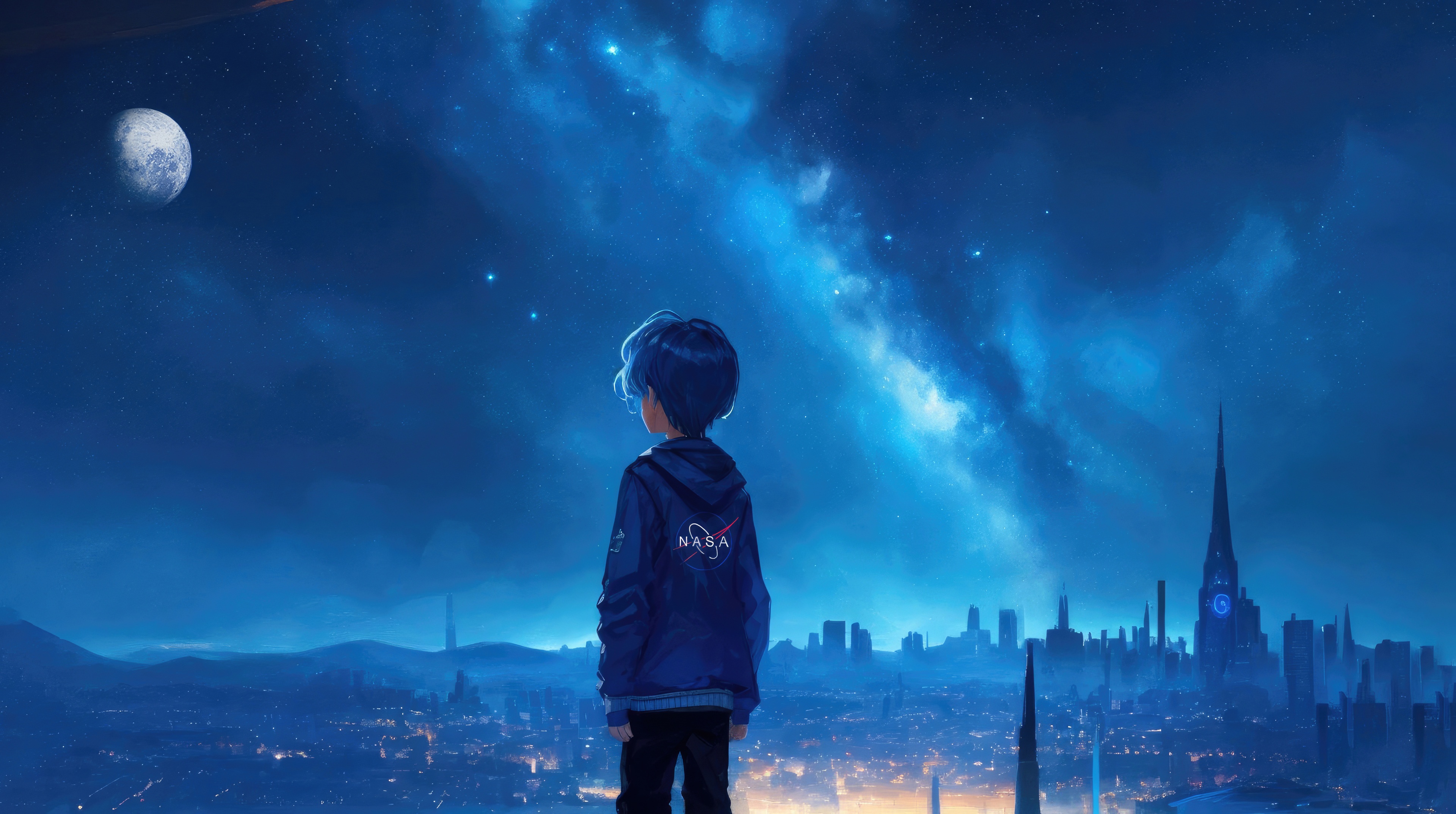 Boy in NASA Hoodie Looks at Futuristic City Under Stars HD Wallpaper