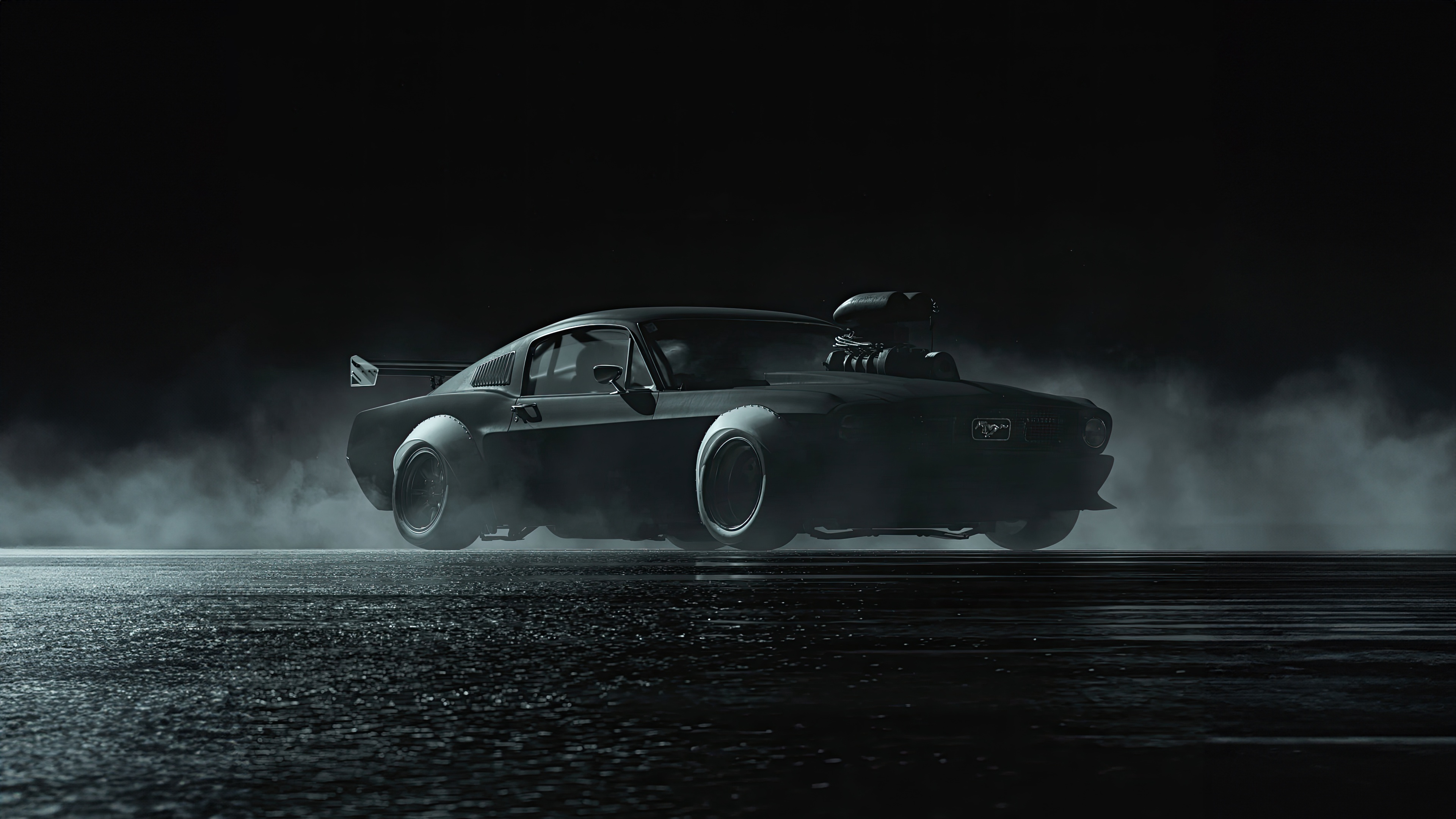 Black Ford Mustang with Supercharger at Night HD Wallpaper