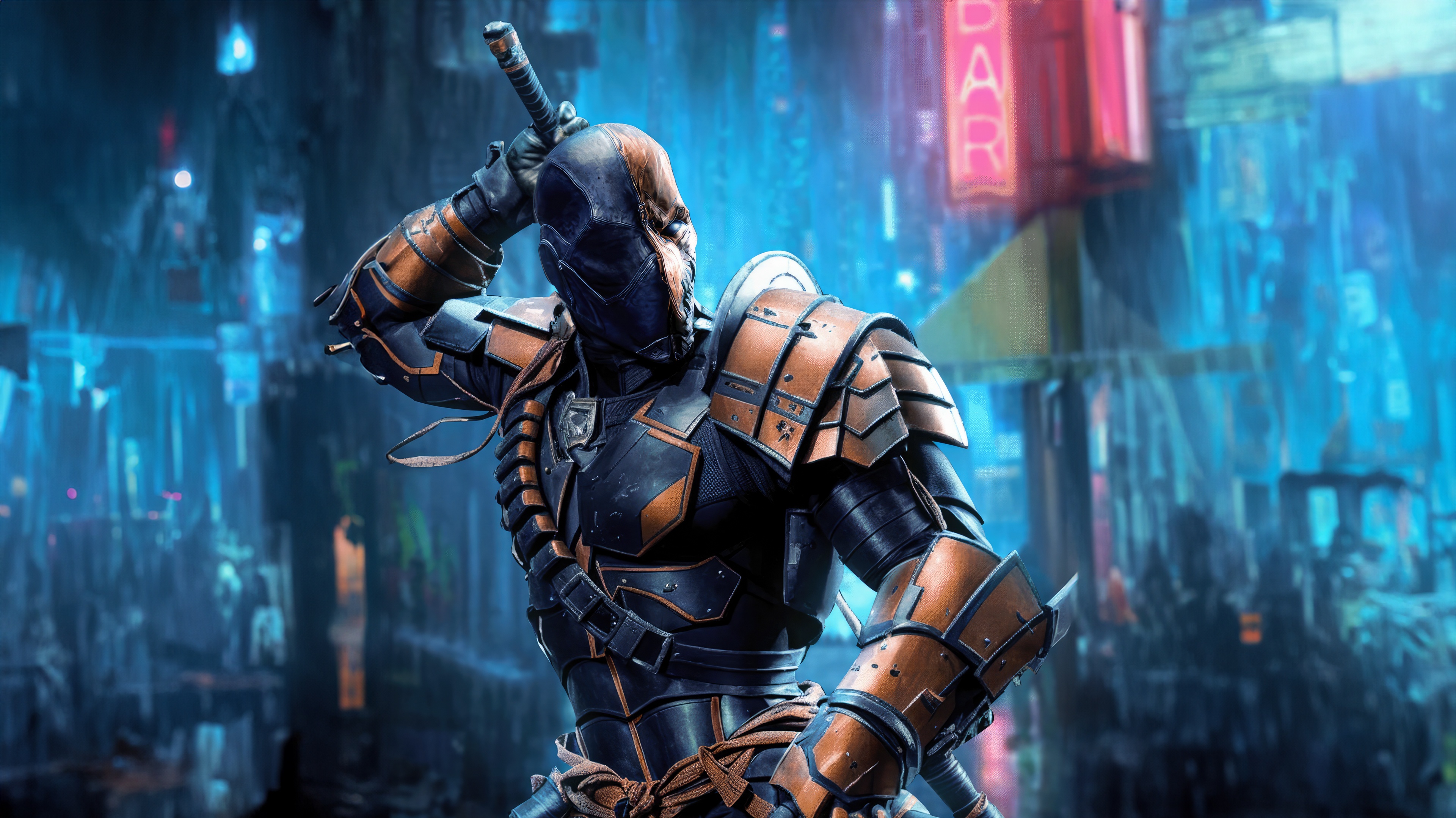 Deathstroke in a futuristic city HD Wallpaper