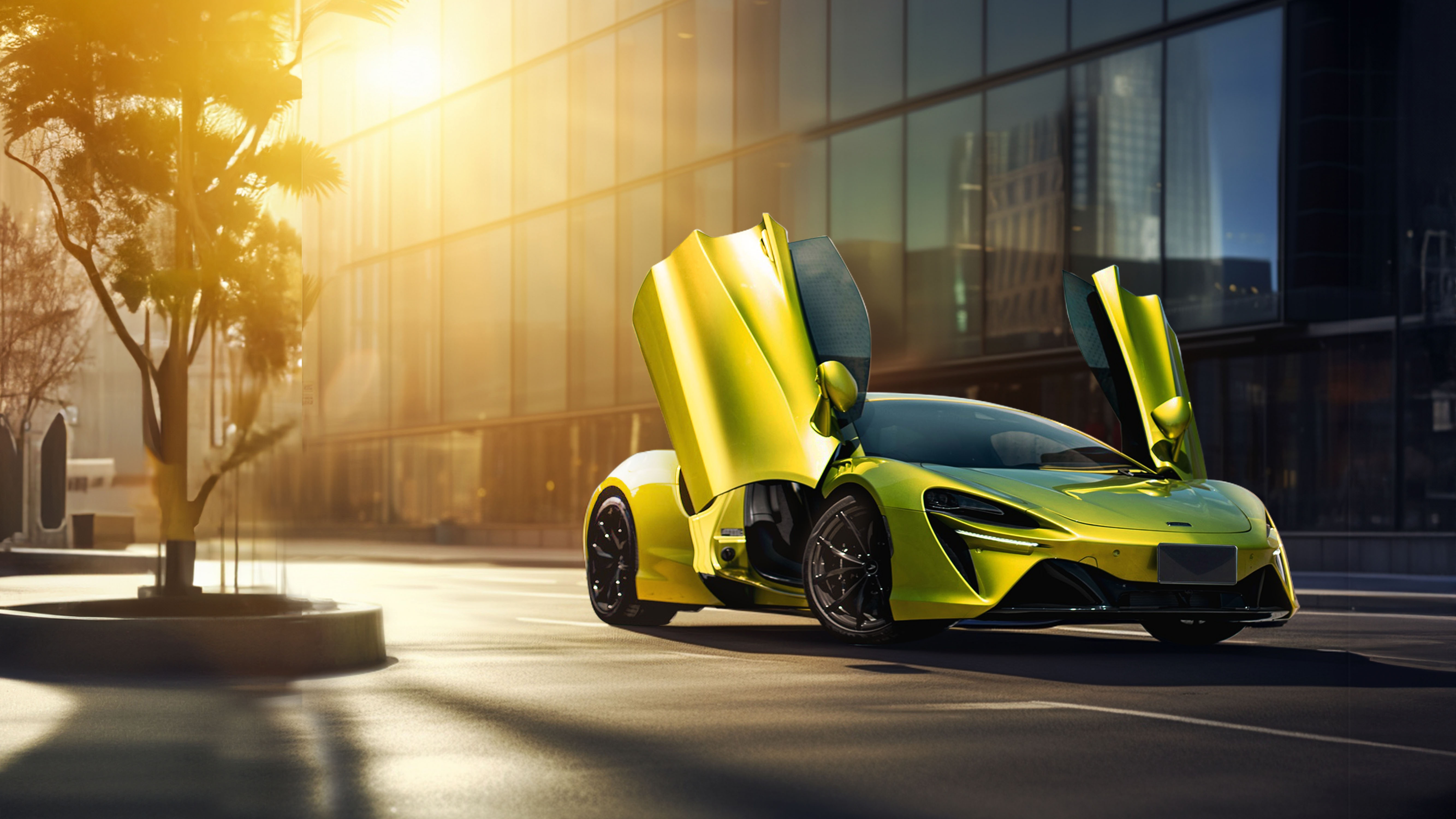 Yellow McLaren Artura with doors open HD Wallpaper