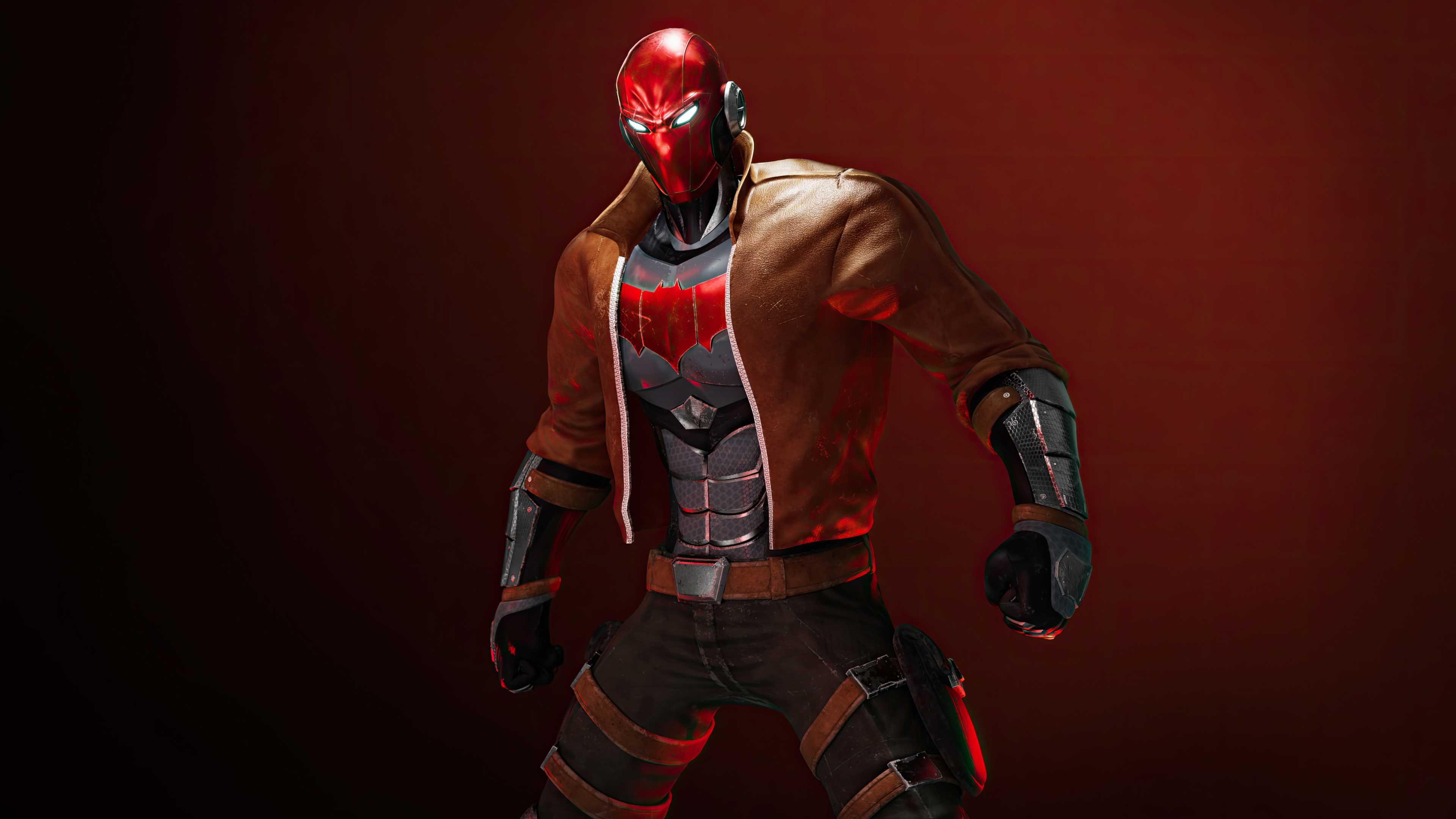 Red Hood stands against a red background HD Wallpaper