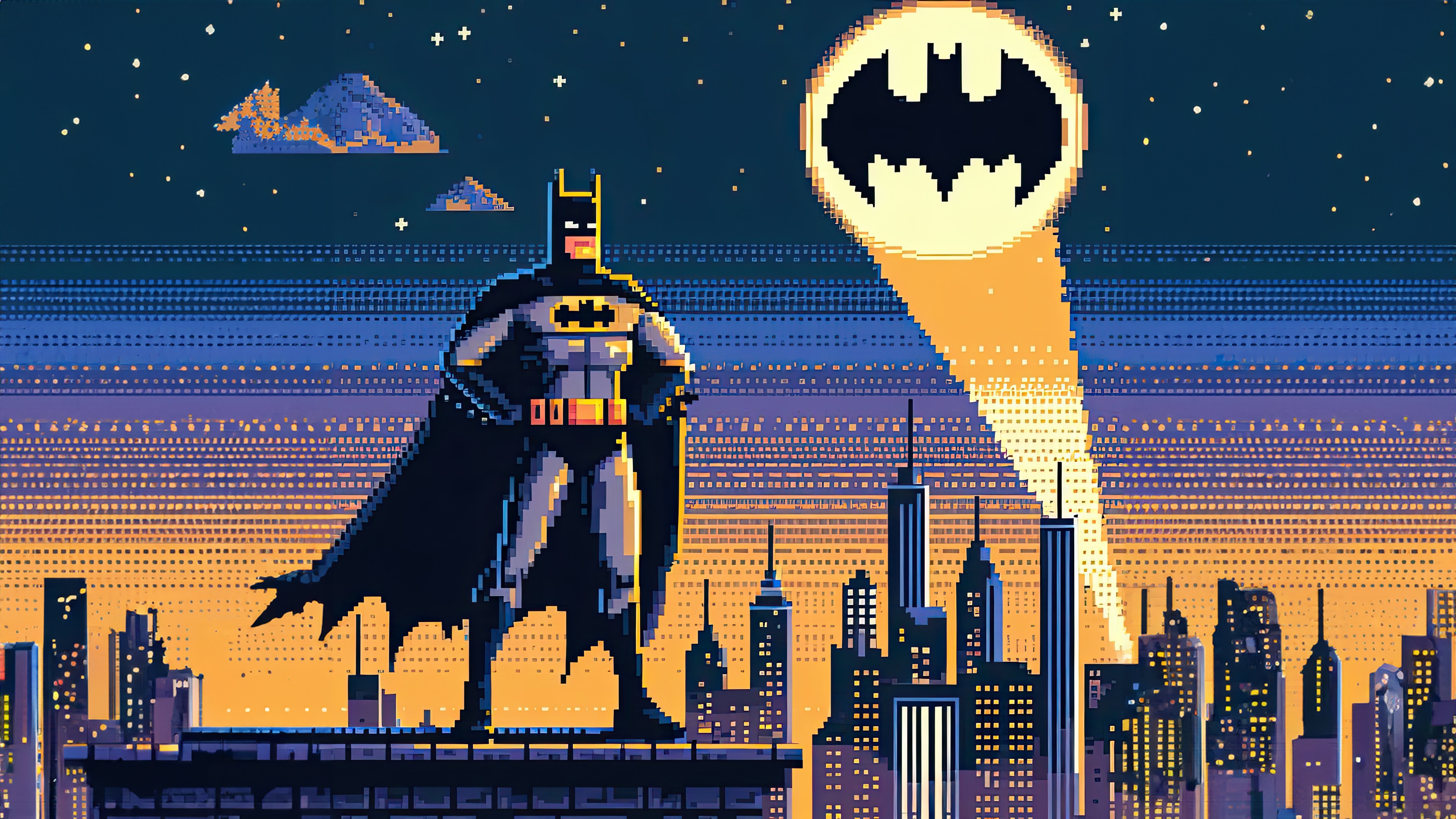Pixel Art Batman on Rooftop with Bat-Signal HD Wallpaper