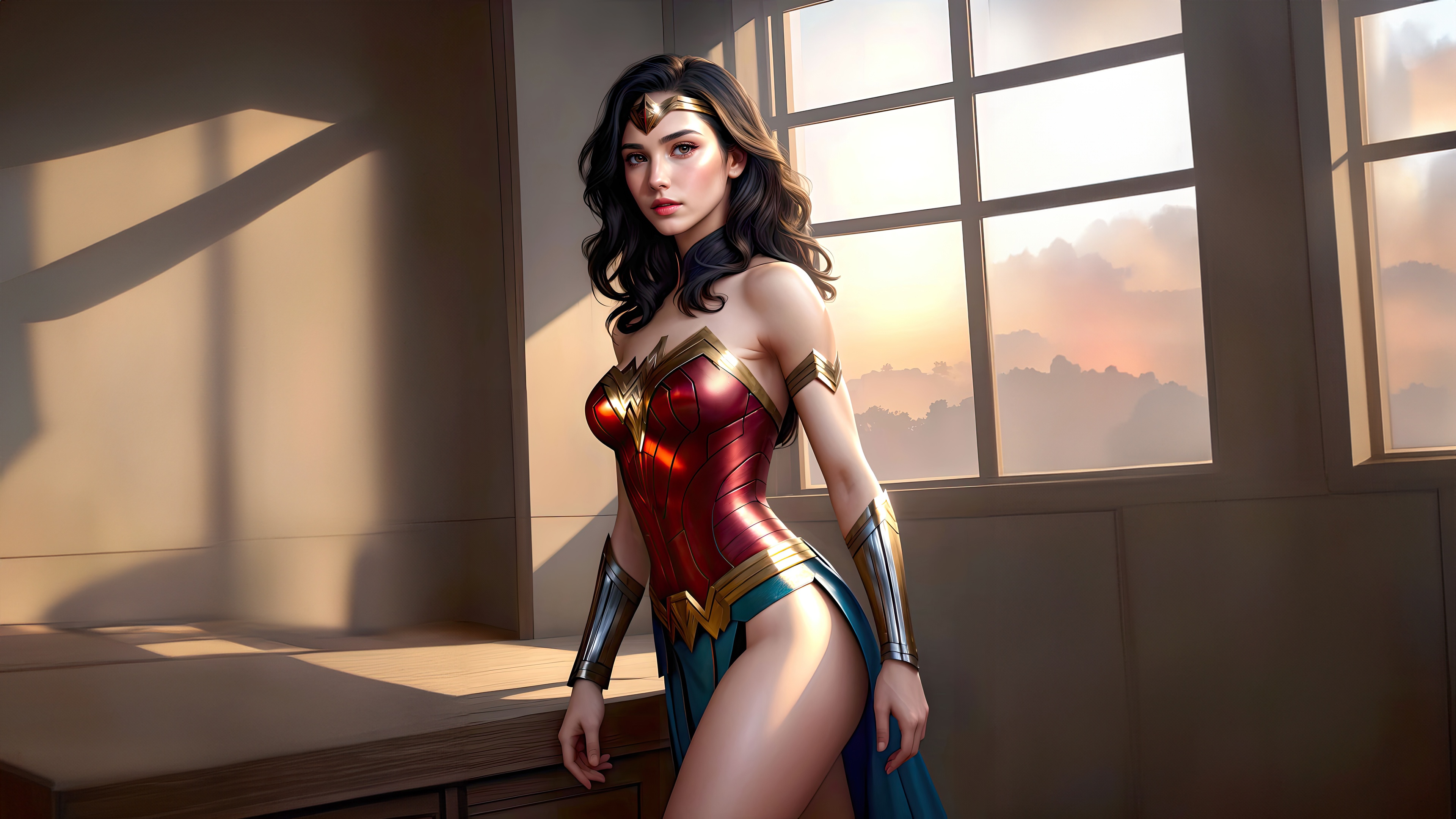 Wonder Woman in a red and gold costume HD Wallpaper