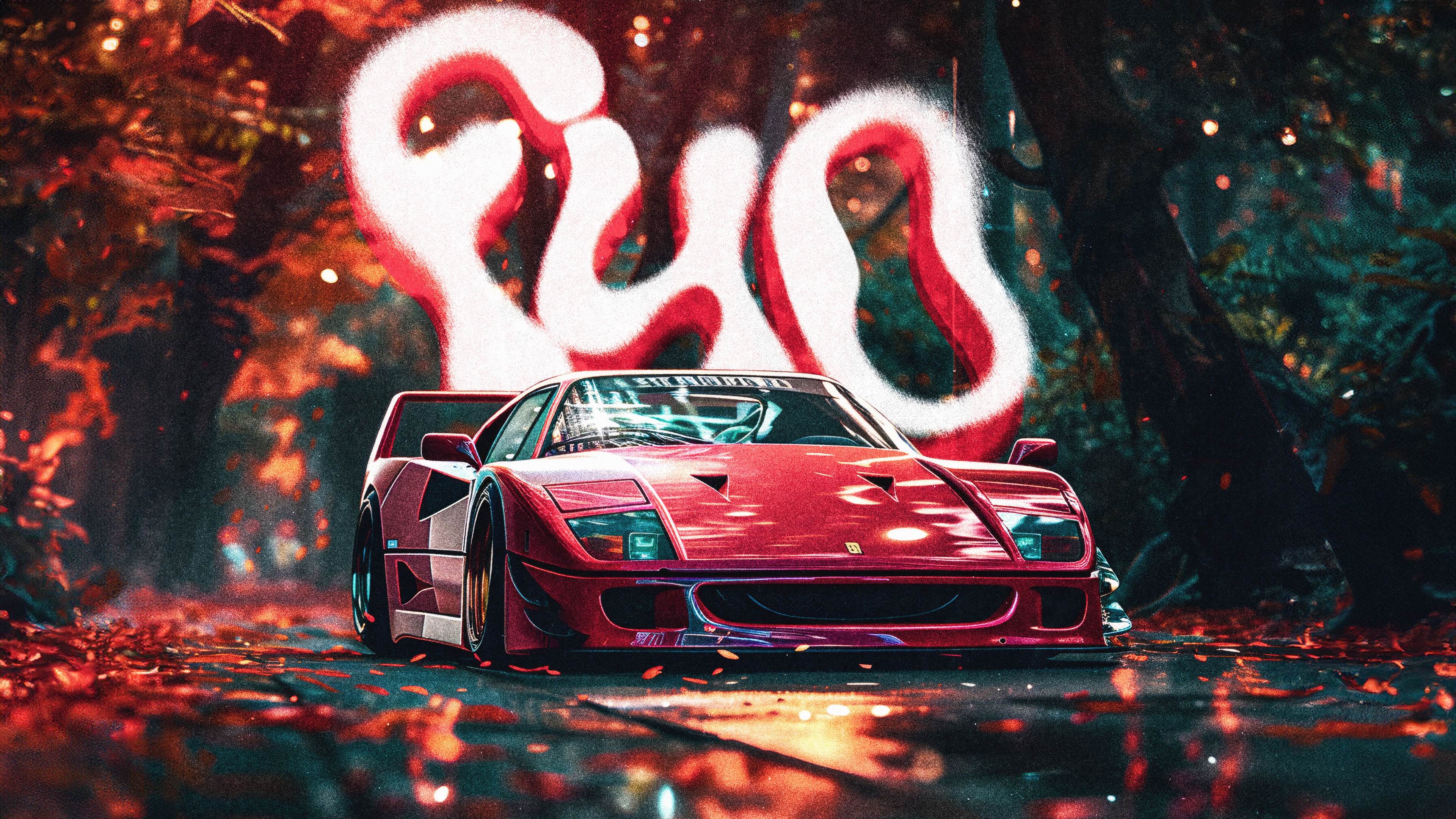 Red Ferrari F40 in a forest with graffiti HD Wallpaper