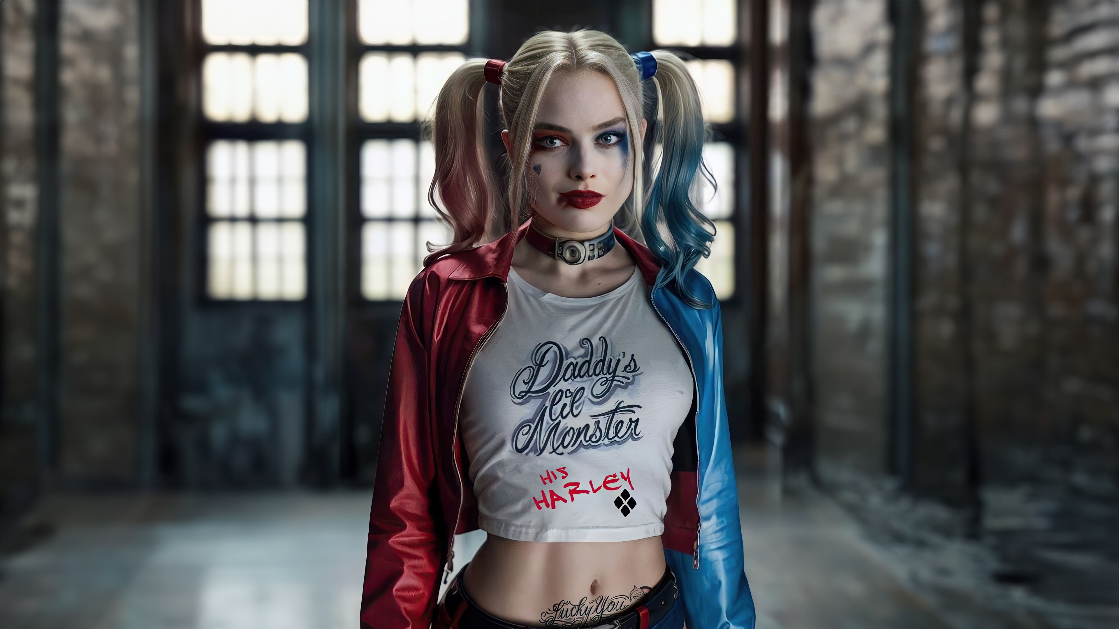 Harley Quinn in a red and blue jacket HD Wallpaper