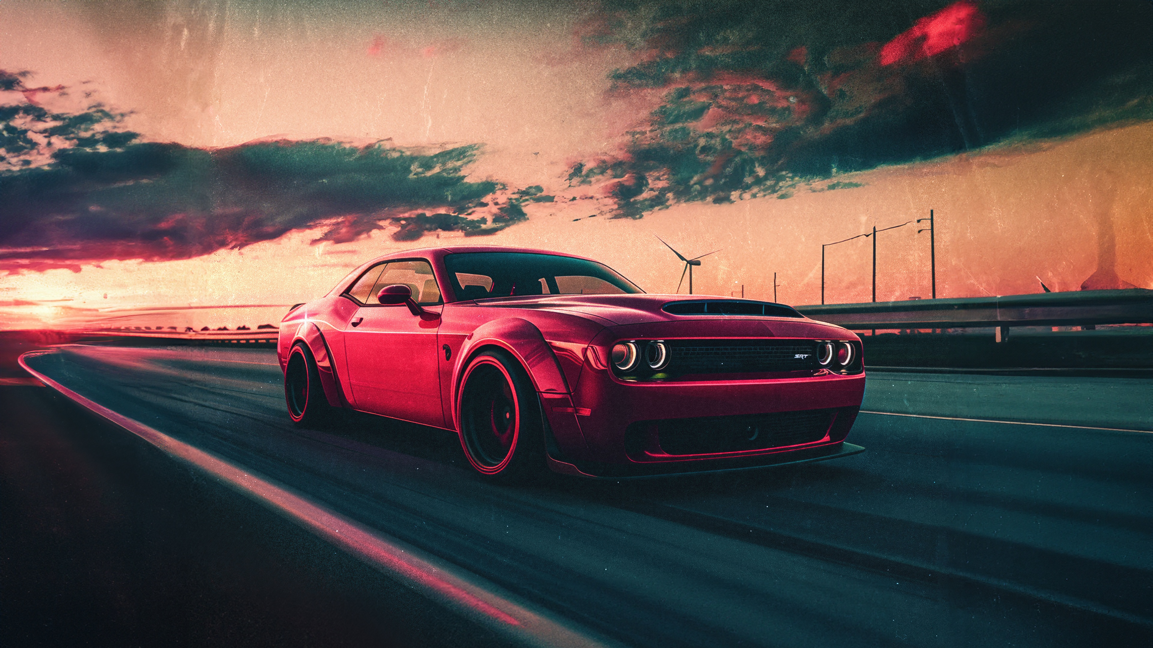 Red Dodge Challenger Driving on Road at Sunset HD Wallpaper