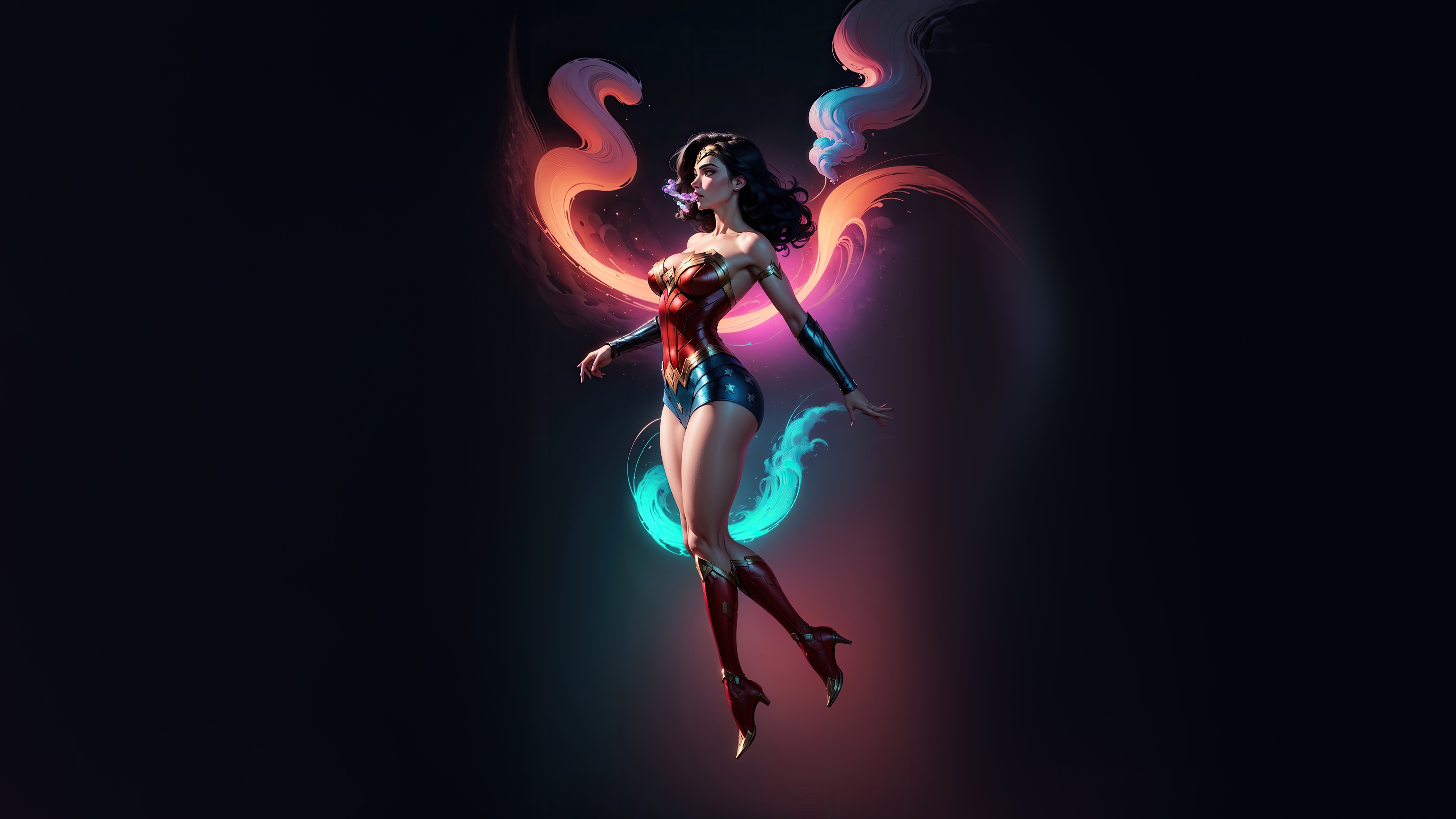 Wonder Woman in a dynamic pose with colorful energy swirls HD Wallpaper