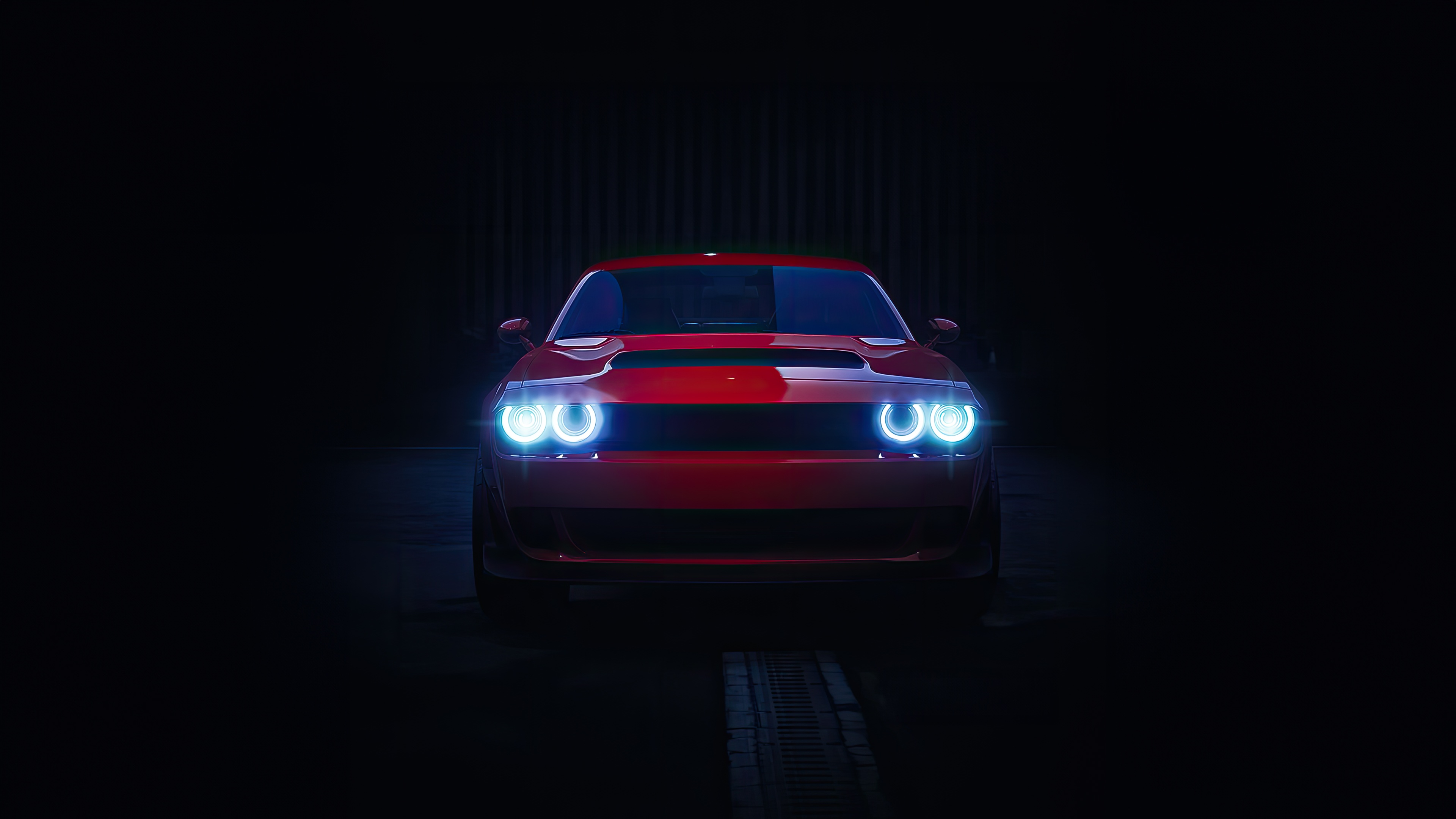 Red Dodge Challenger with glowing headlights HD Wallpaper