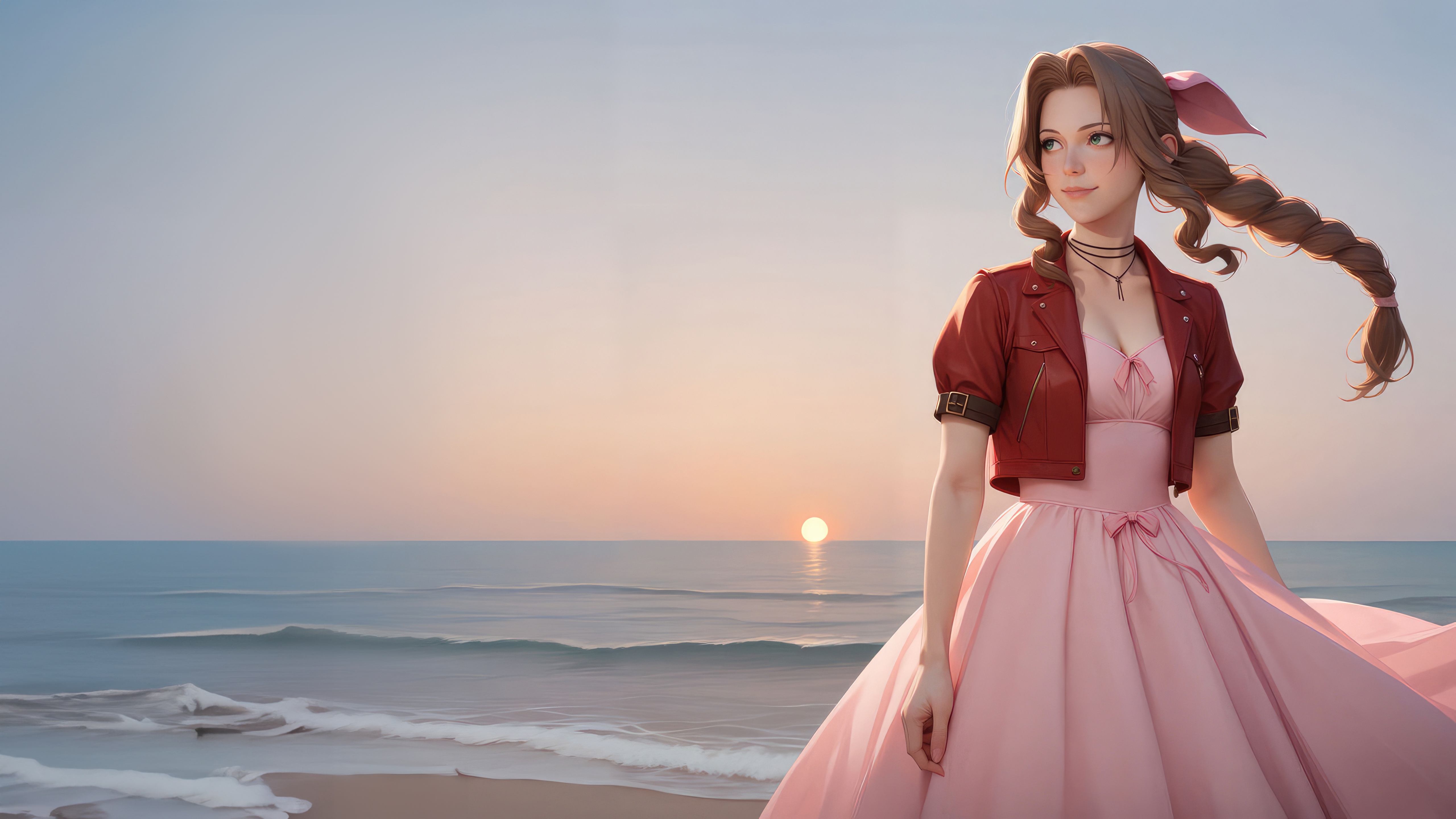 Aerith Gainsborough by the ocean at sunset HD Wallpaper