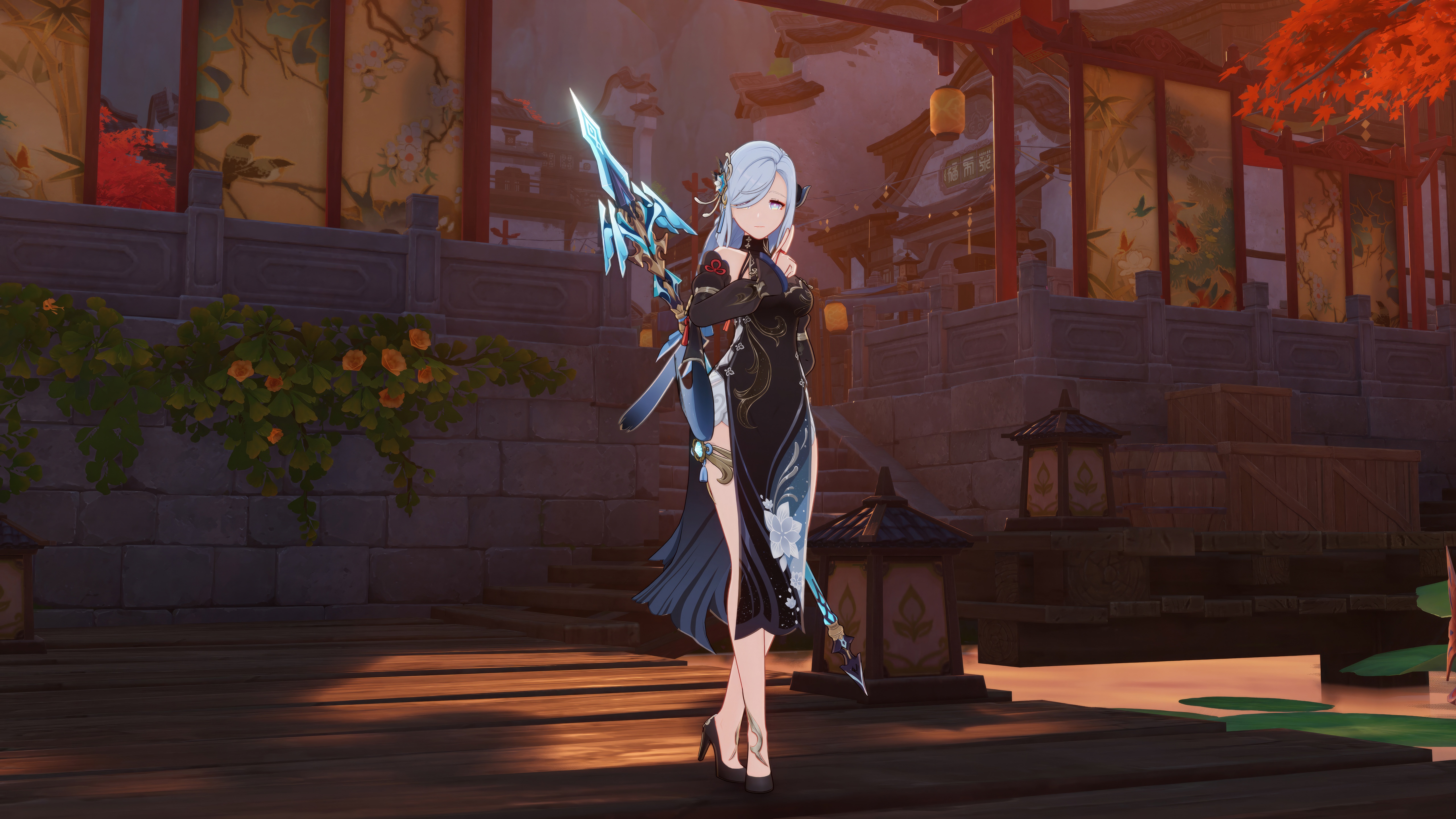 Shenhe from Genshin Impact with a spear HD Wallpaper