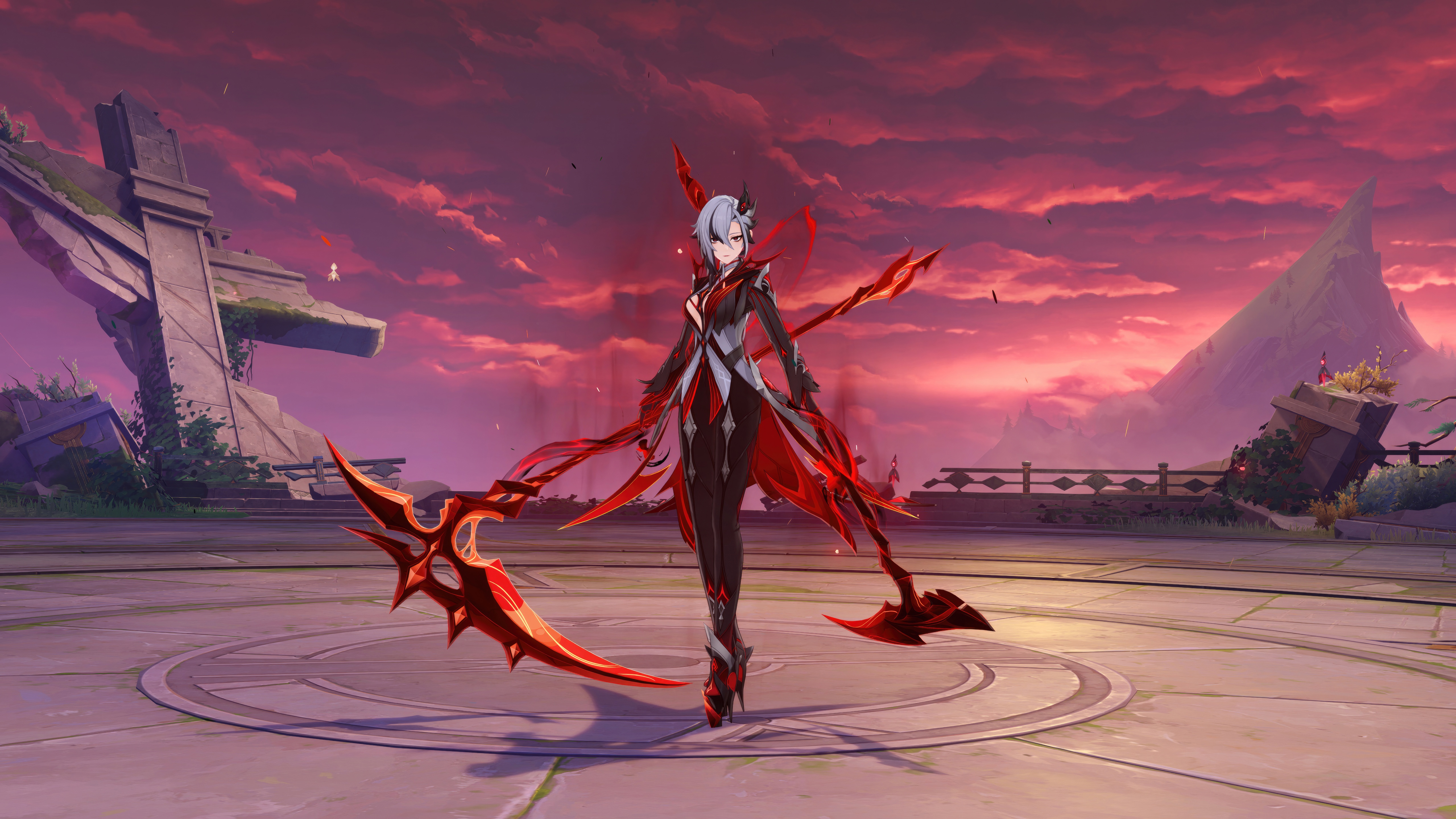 Arlecchino from Genshin Impact with scythes HD Wallpaper
