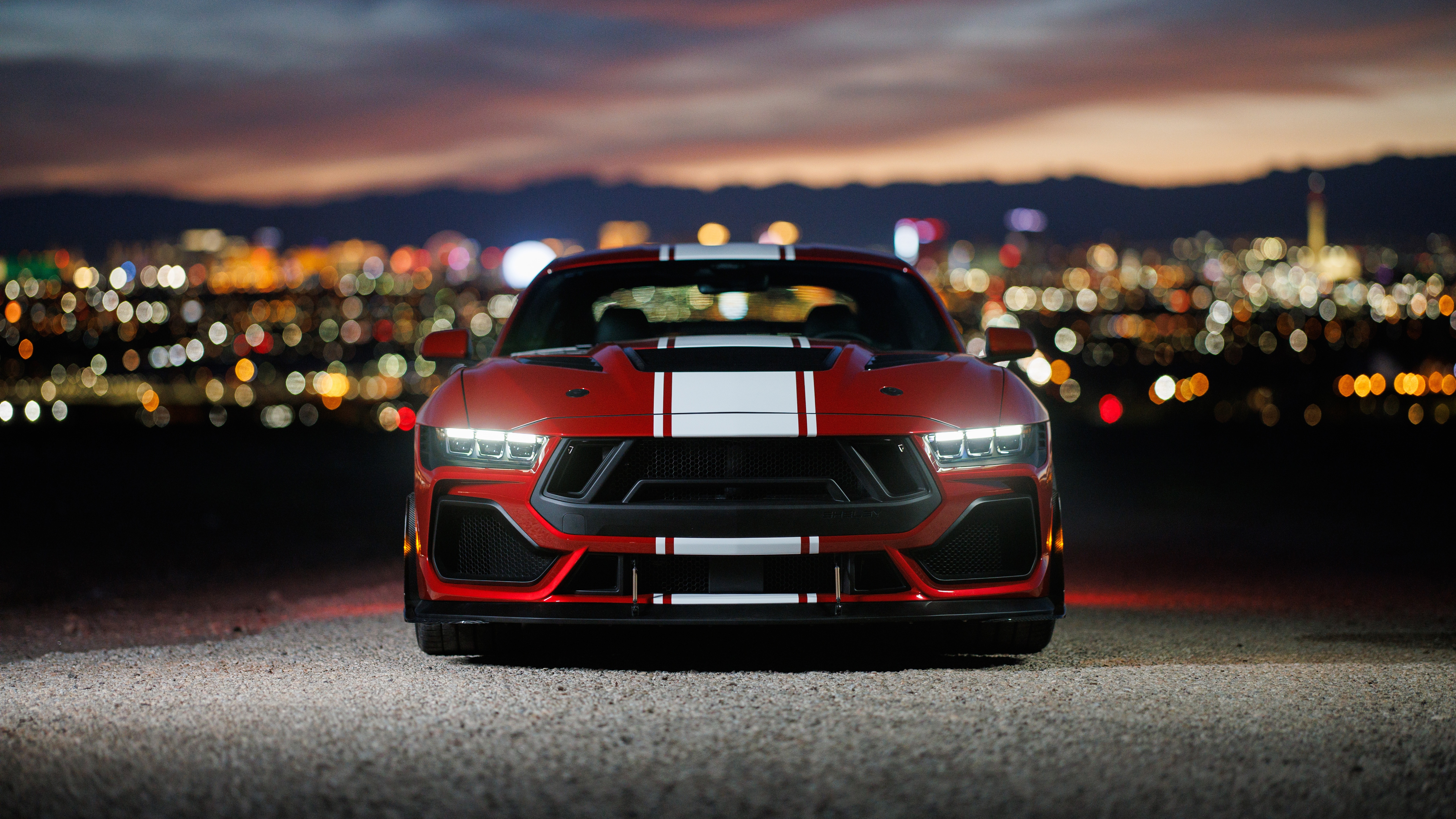 Red Shelby Super Snake with White Stripes at Night HD Wallpaper
