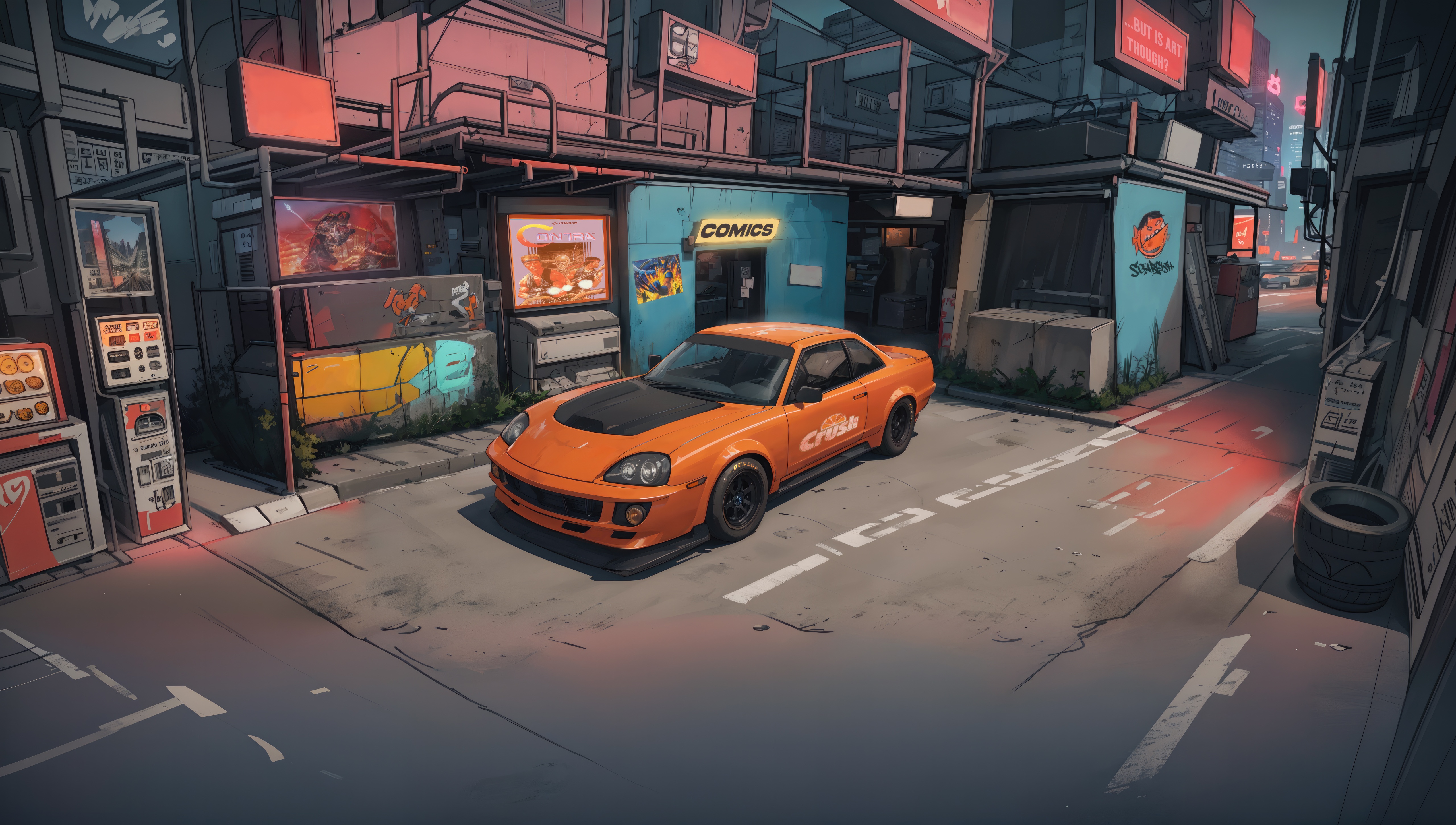 Orange Super Car in a Japanese City Alley HD Wallpaper
