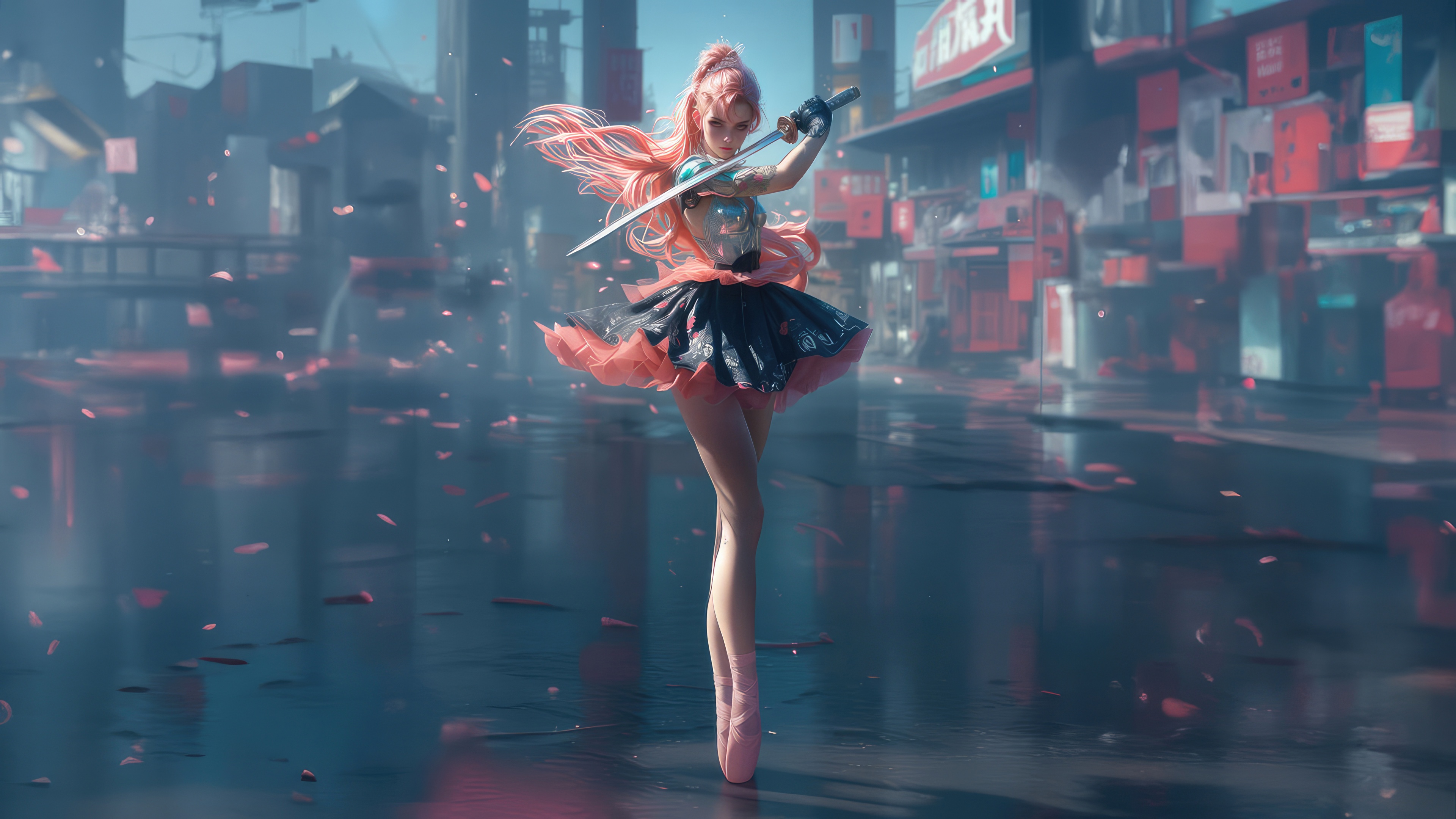 Ballerina Samurai Girl in a Cyberpunk City HD Wallpaper
