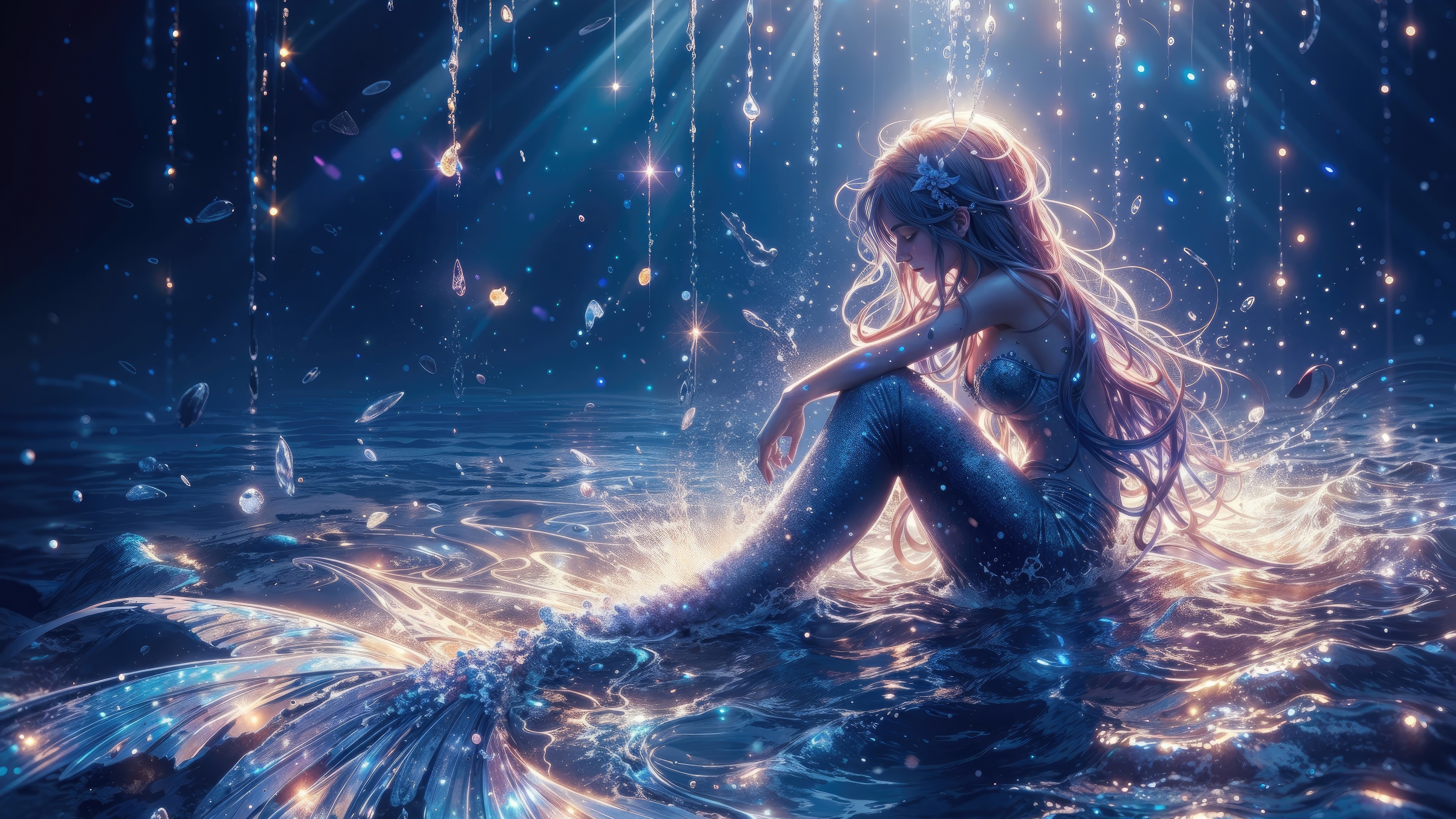 A lonely mermaid sits in the water HD Wallpaper