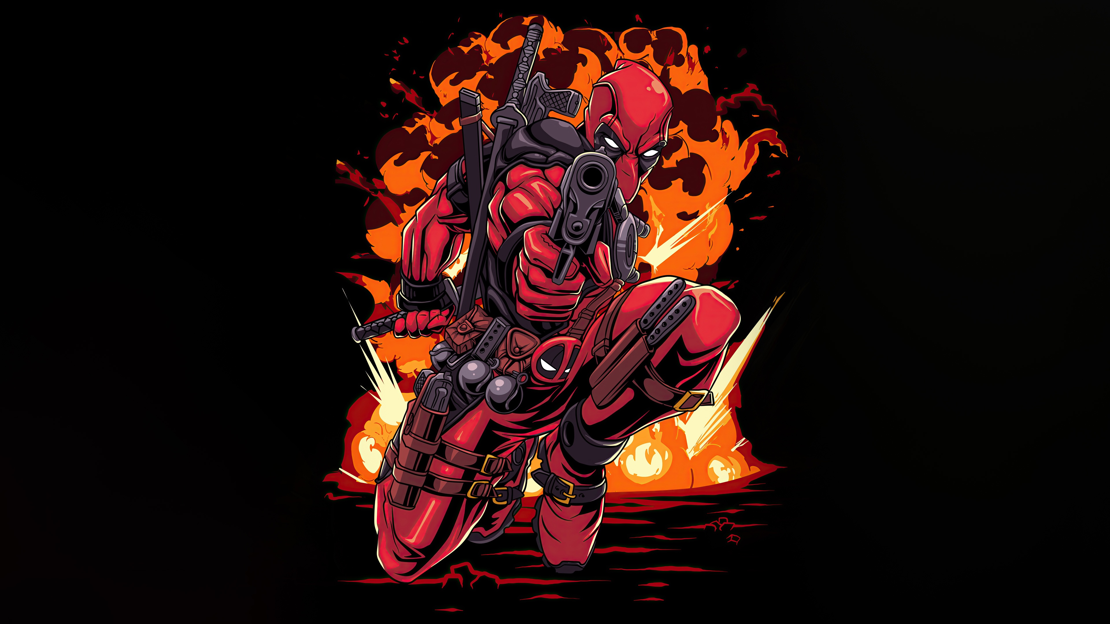 Deadpool aiming a gun with explosions behind him HD Wallpaper