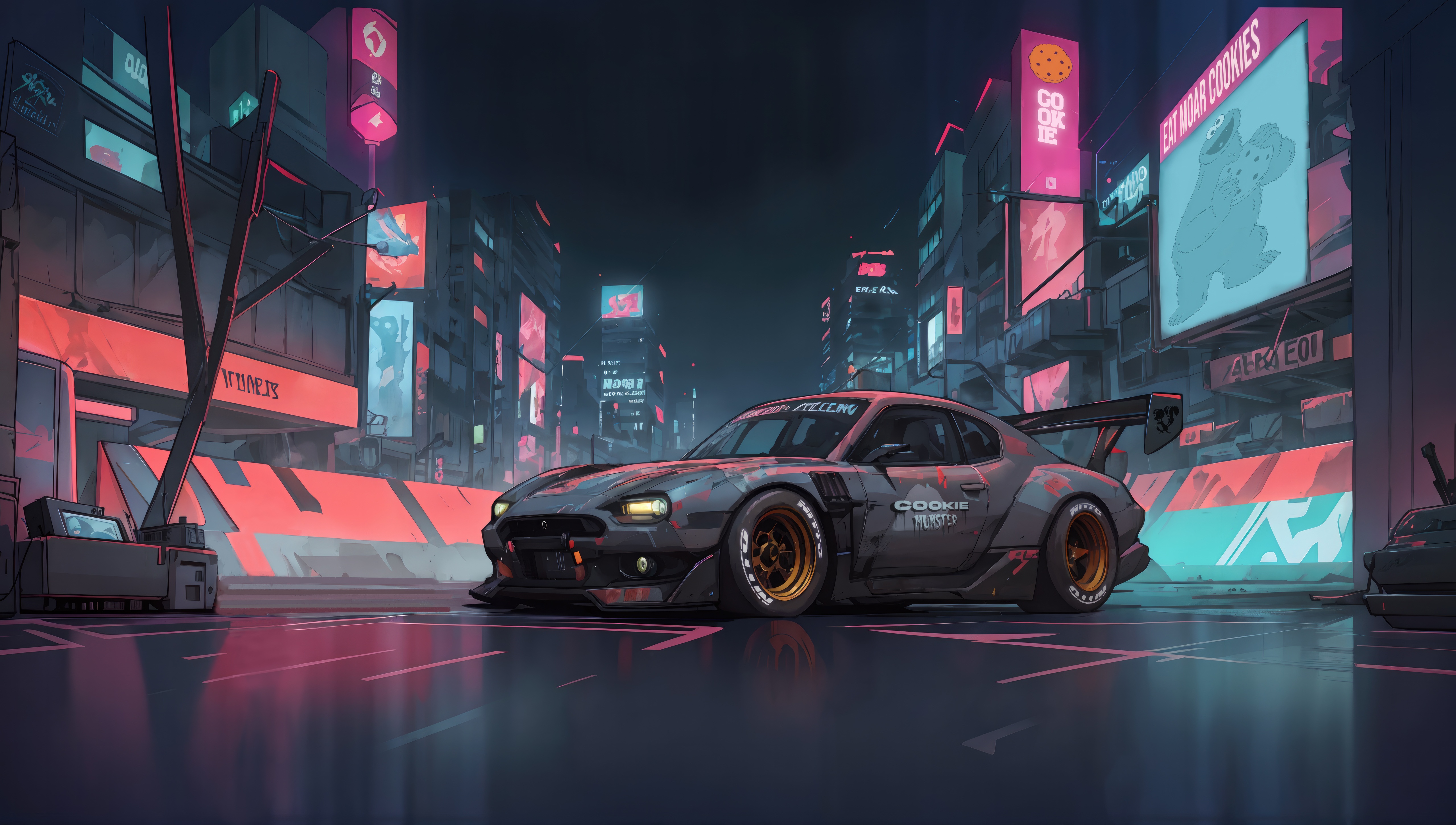 The Cookie Monster Car in a Cyberpunk City HD Wallpaper