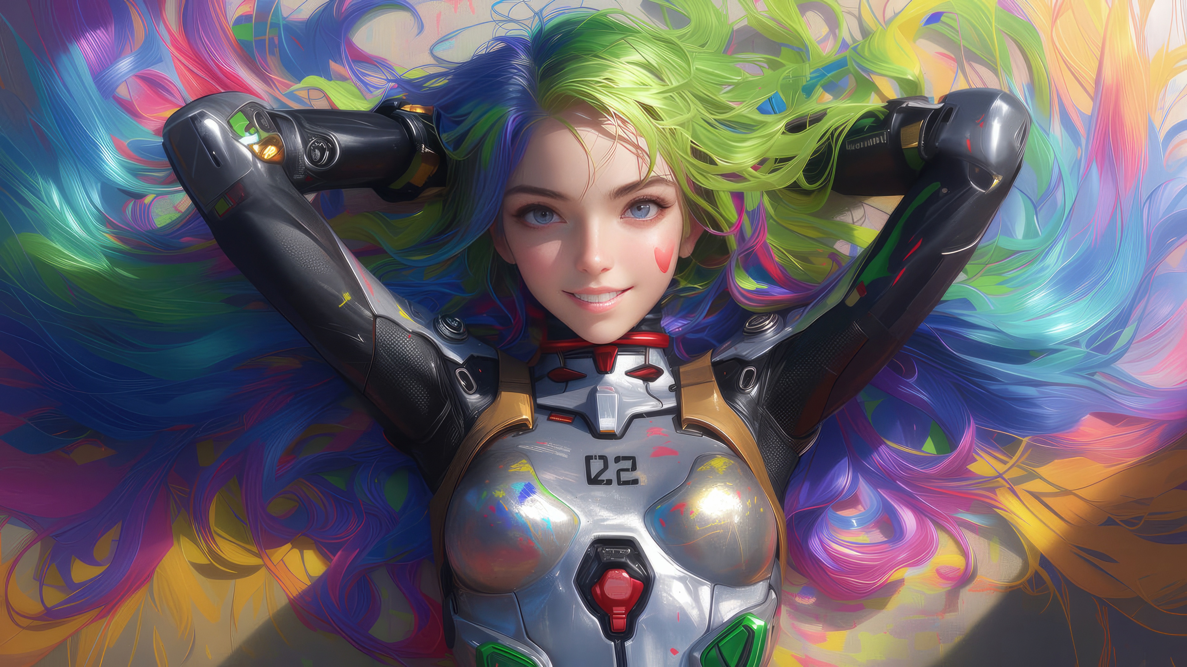 Joyful Rainbow Haired Girl in Sci-Fi Suit HD Wallpaper