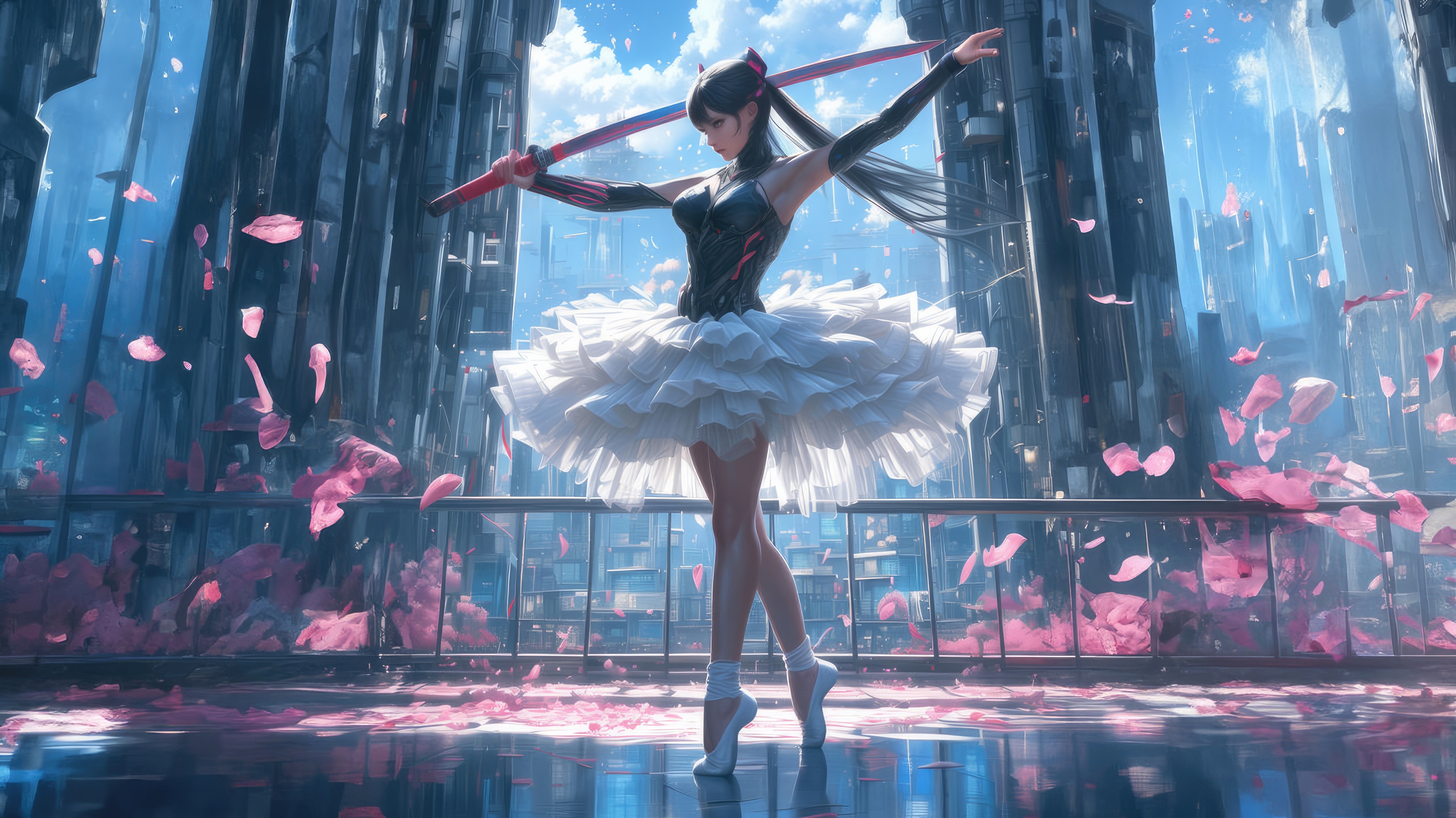 Ballerina Girl With Katana in Futuristic City HD Wallpaper