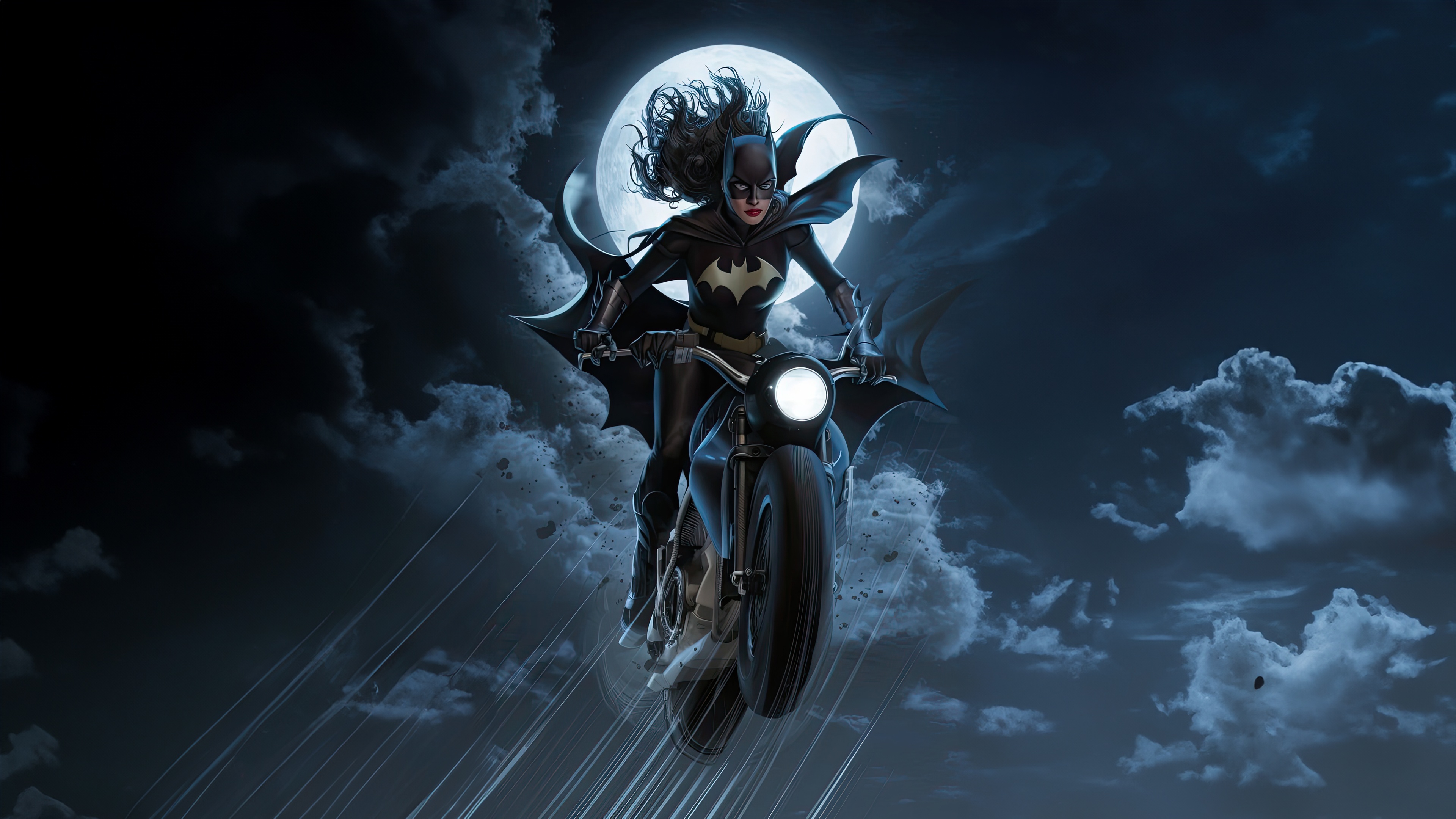 Batgirl on a Motorcycle Under the Full Moon HD Wallpaper