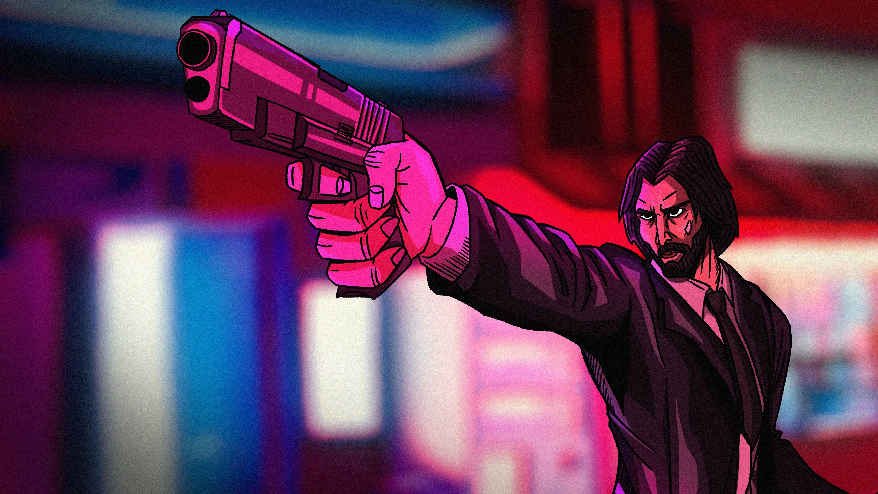 John Wick holding a pistol in a neon-lit city HD Wallpaper