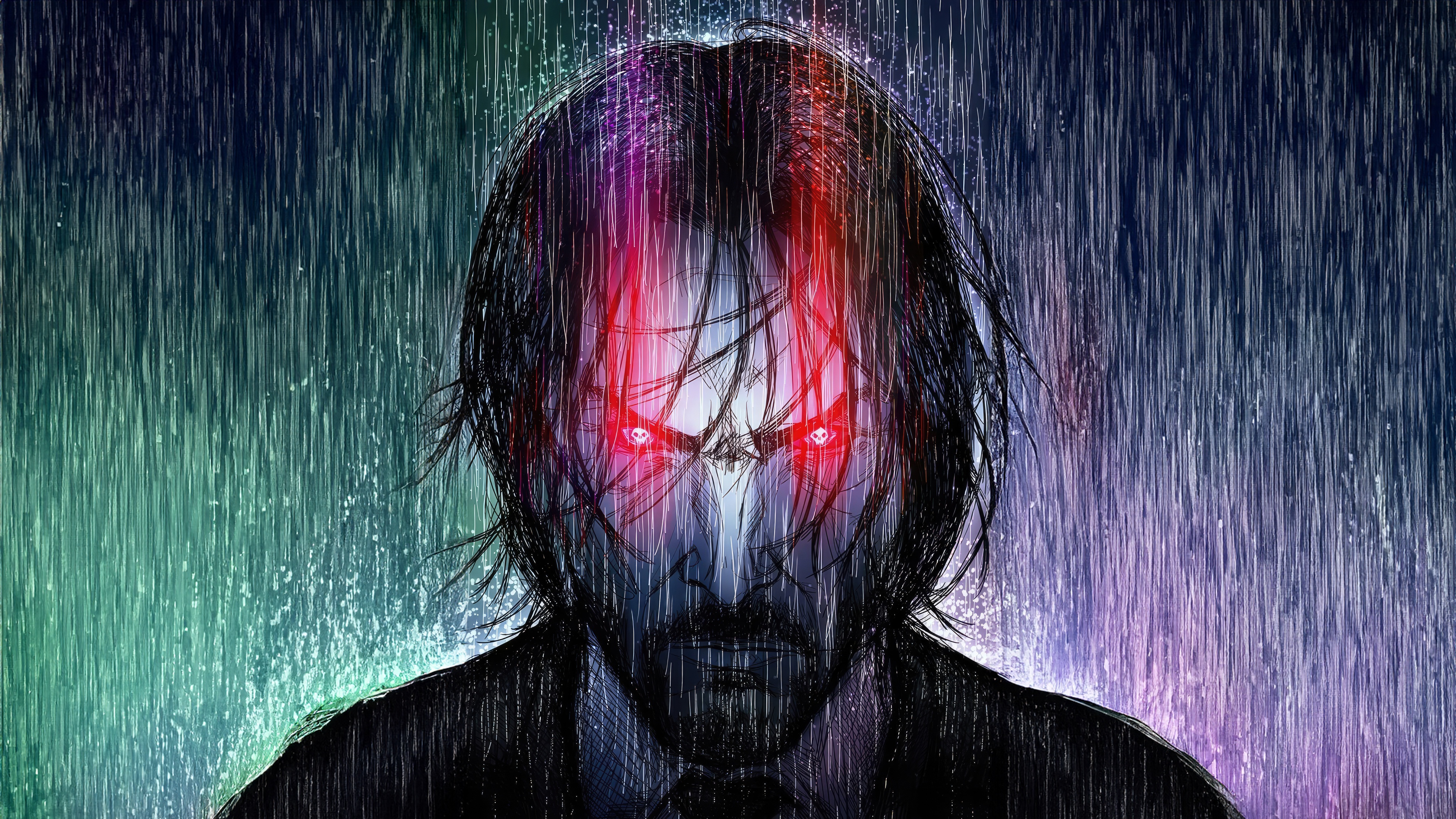 John Wick with glowing red eyes in the rain HD Wallpaper
