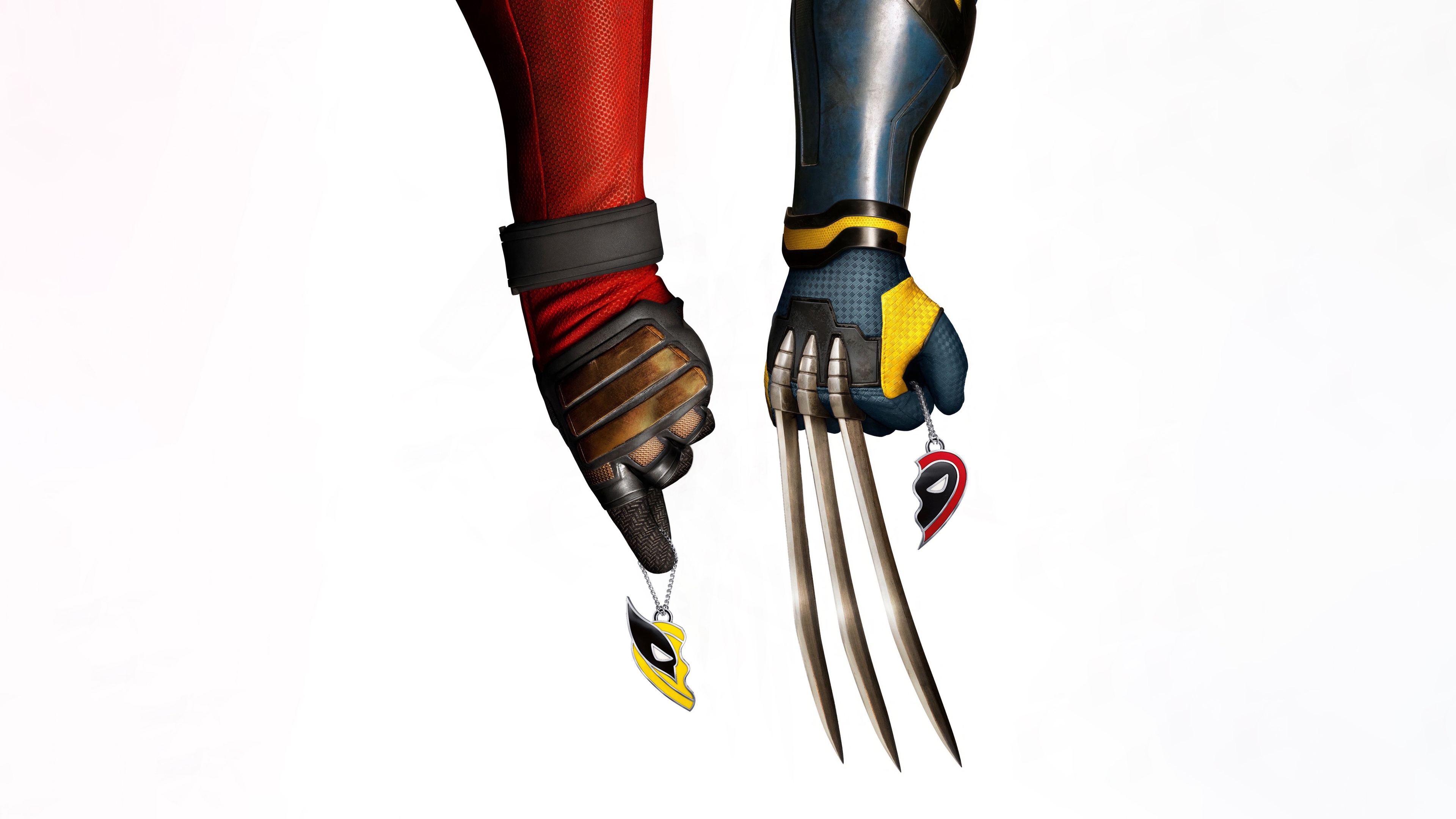 Deadpool and Wolverine holding matching heart pendants HD Wallpaper