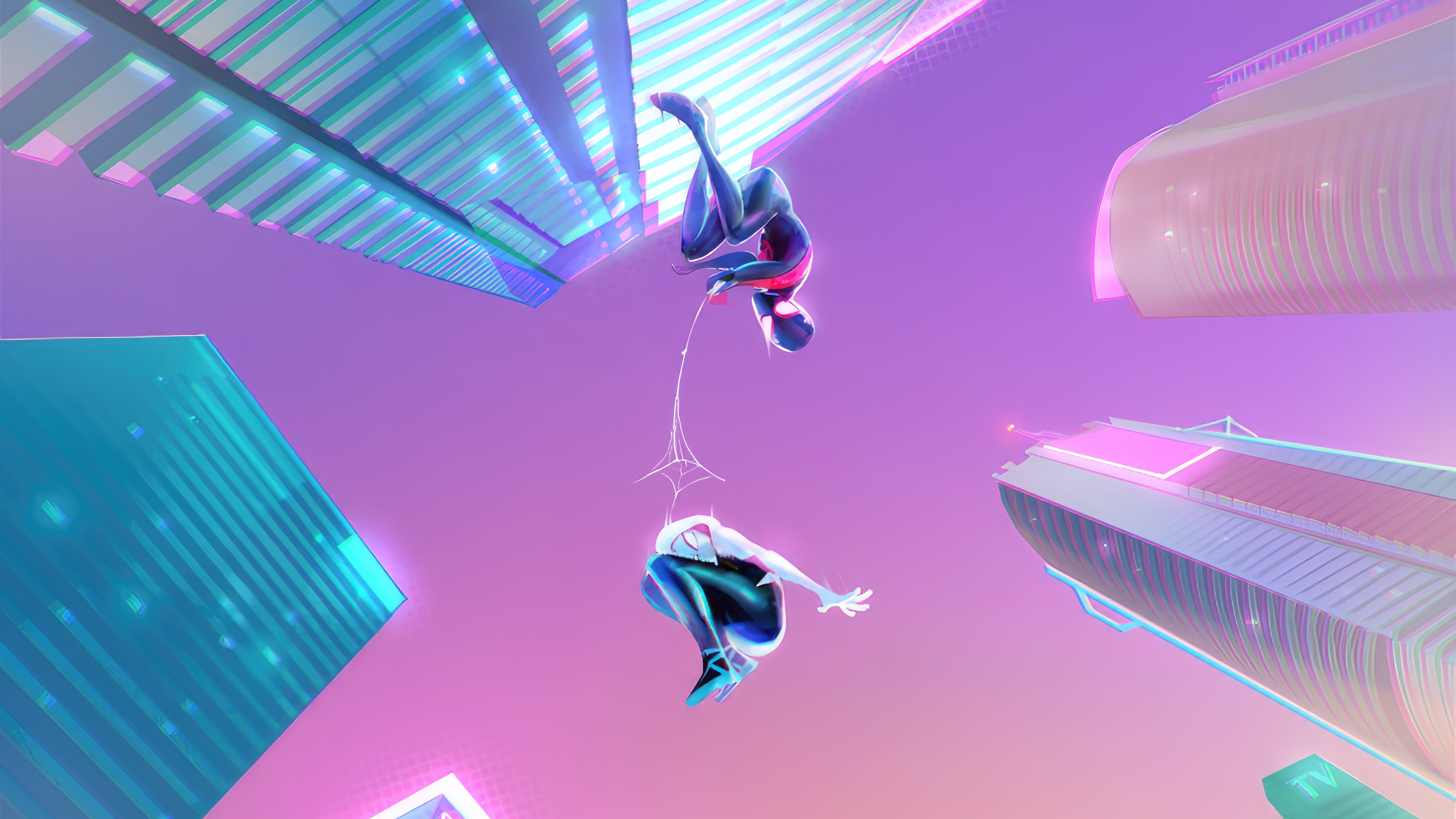 Miles Morales and Gwen Stacy swinging through a city HD Wallpaper