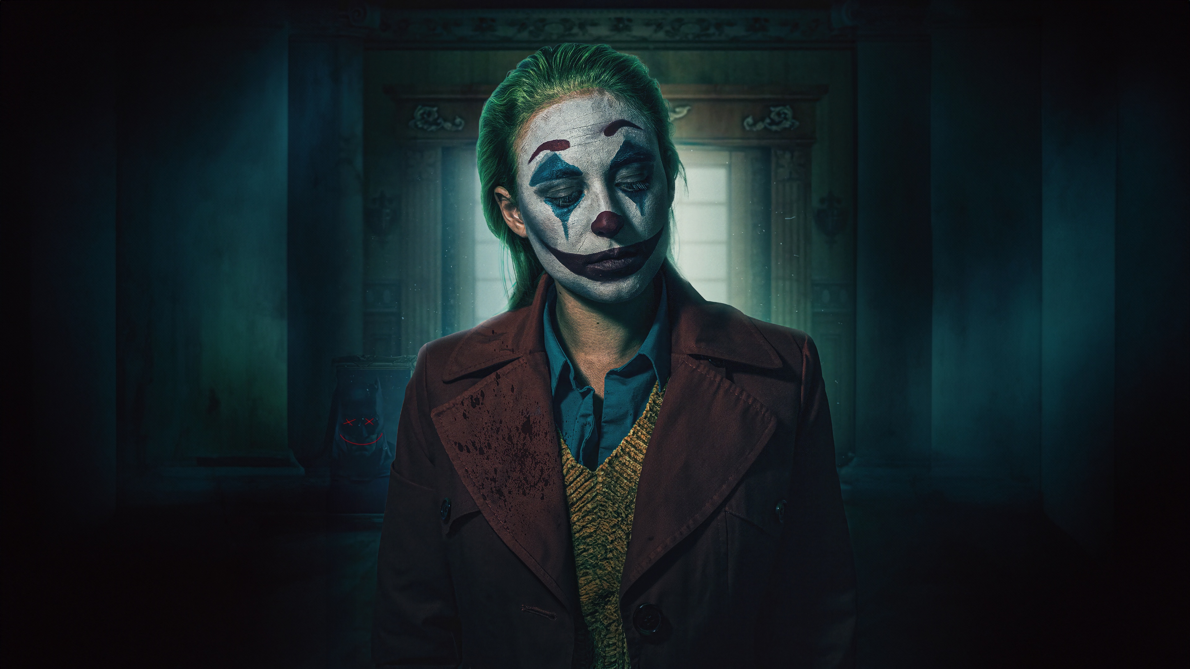 Woman with Joker makeup in a dark room HD Wallpaper