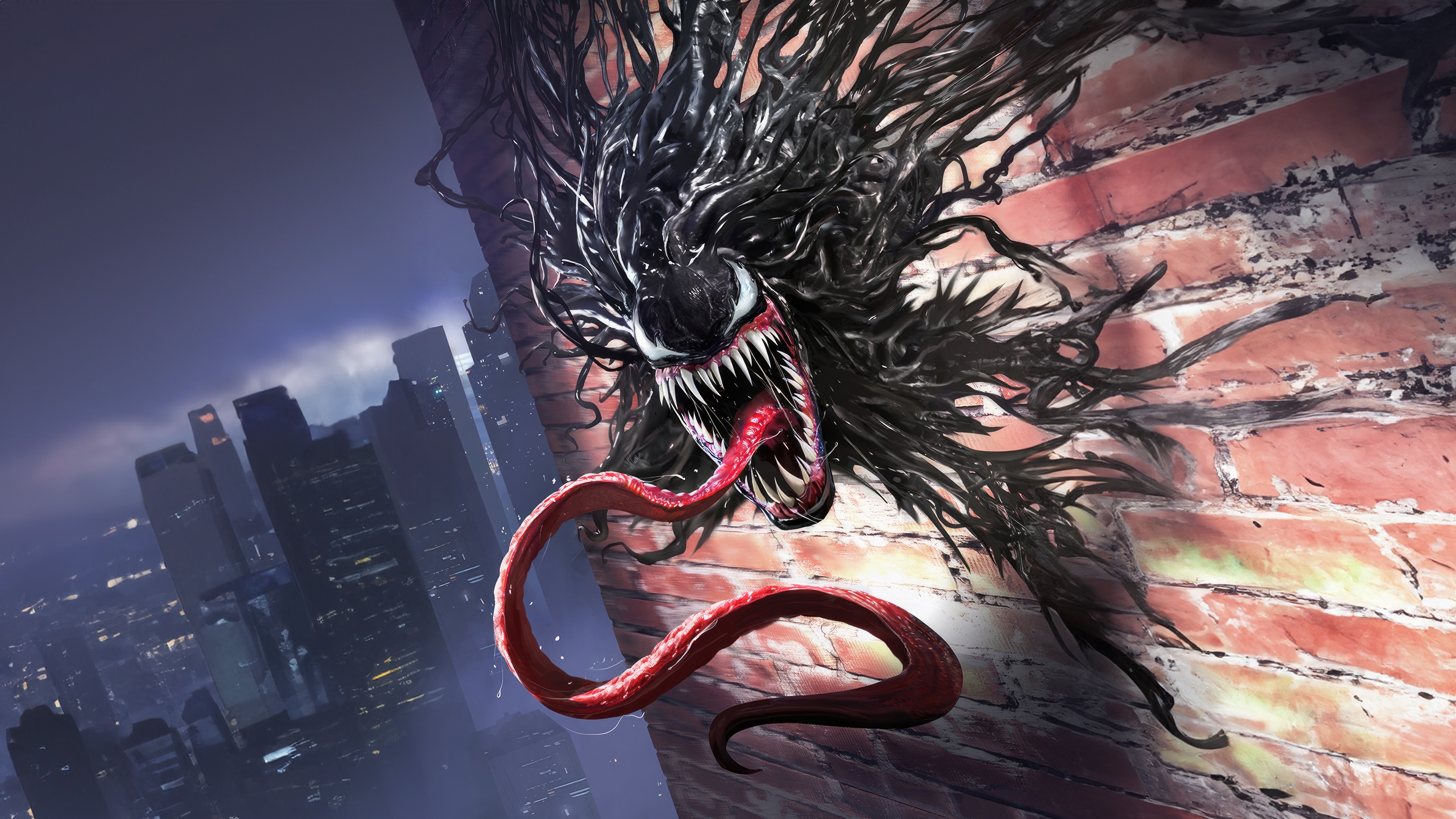 Venom clinging to a brick wall overlooking a city HD Wallpaper