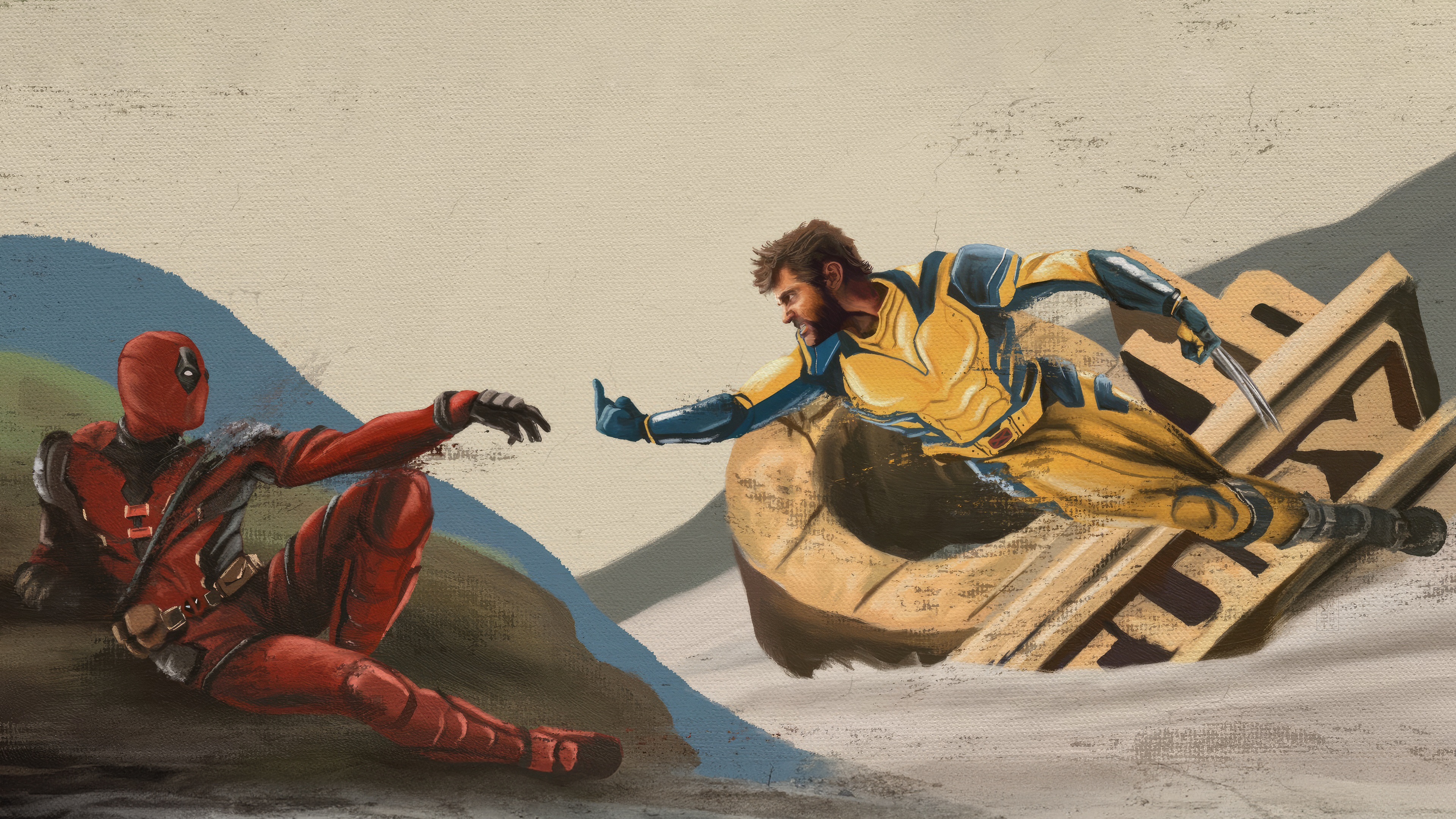 Deadpool and Wolverine in a parody of The Creation of Adam HD Wallpaper